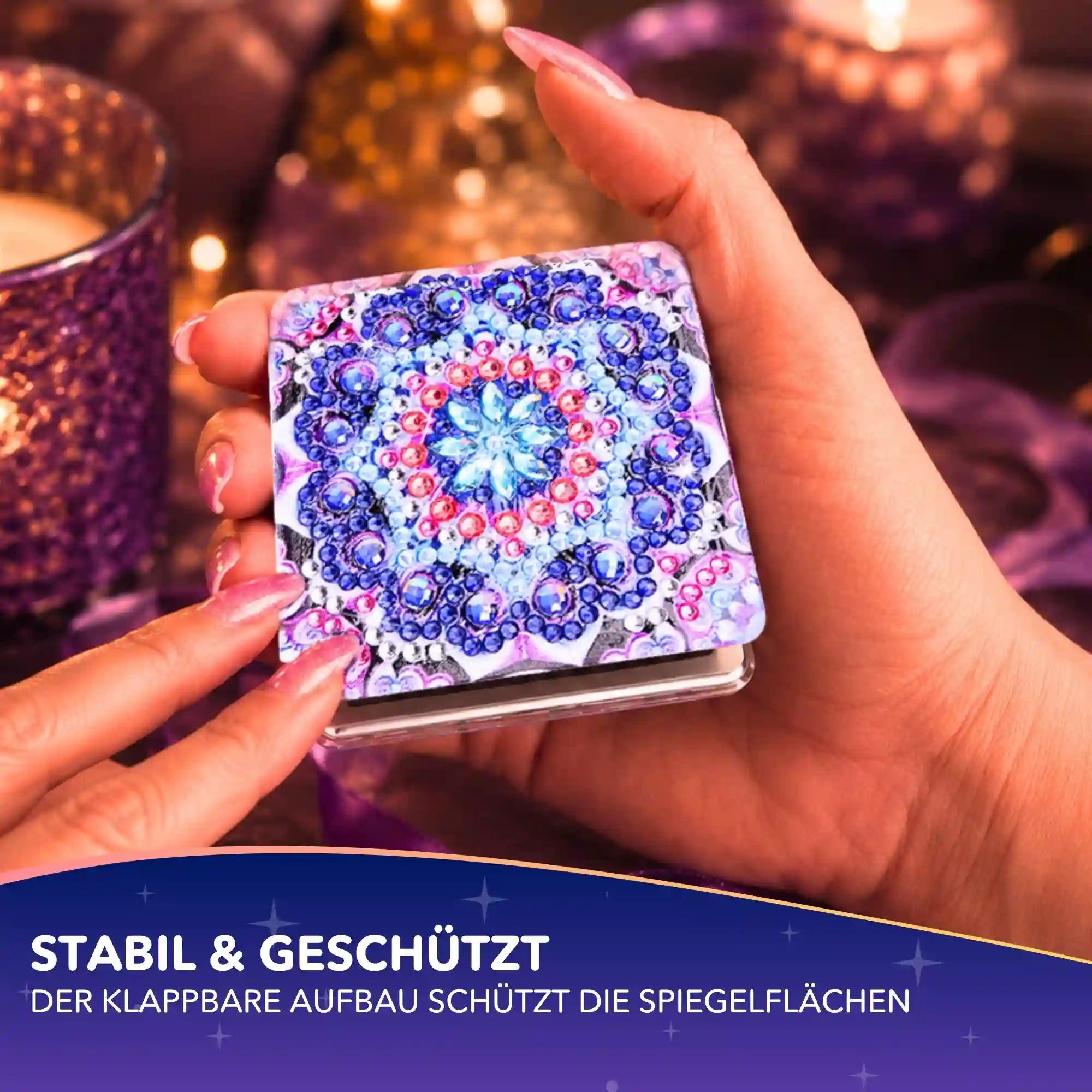 Diamond Painting Taschenspiegel mit buntem Mandala-Motiv aus funkelnden Strasssteinen in der Hand gehalten