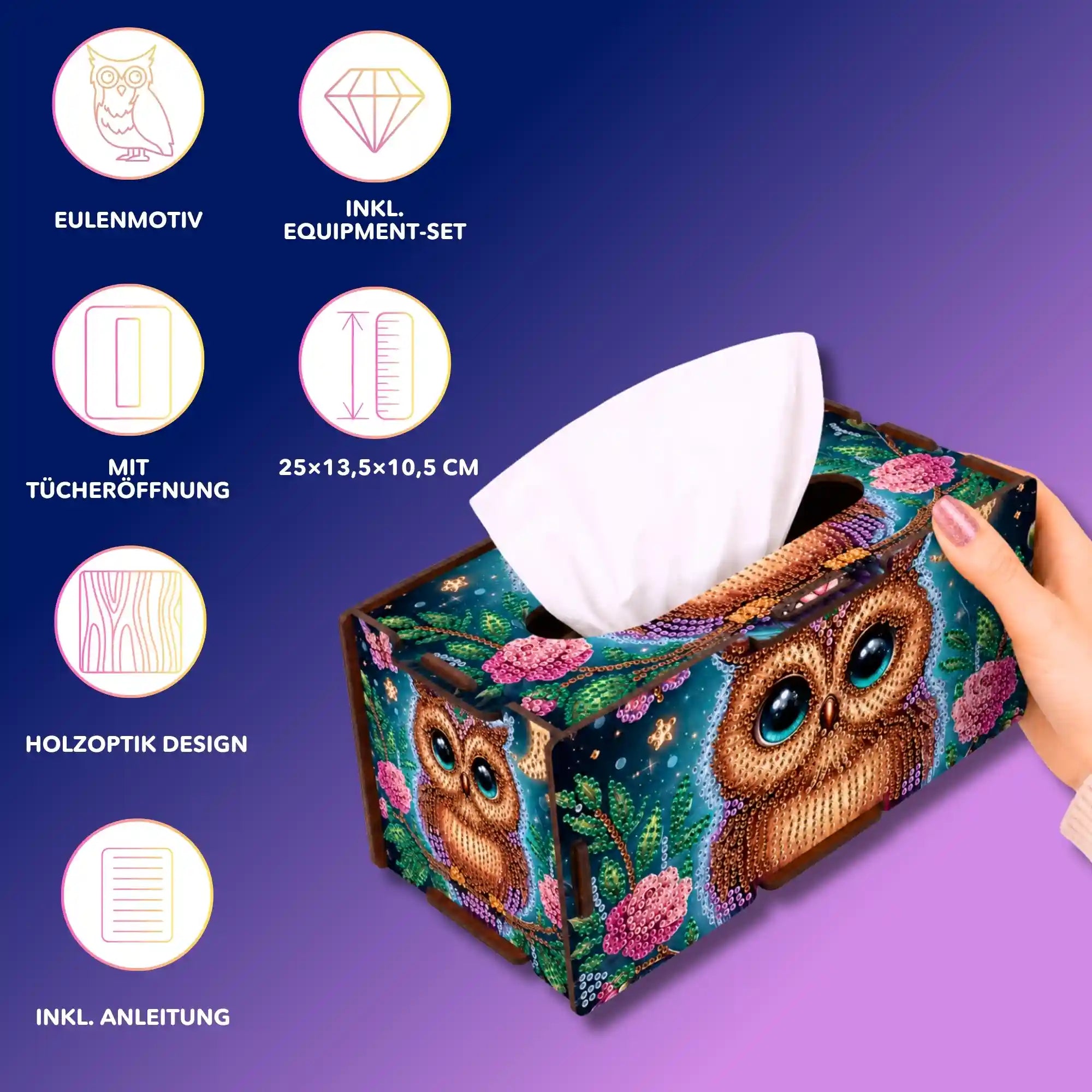 Diamond Painting Tücherbox mit Eulenmotiv und glitzernden Steinchen als DIY-Set für Erwachsene inklusive Zubehör.