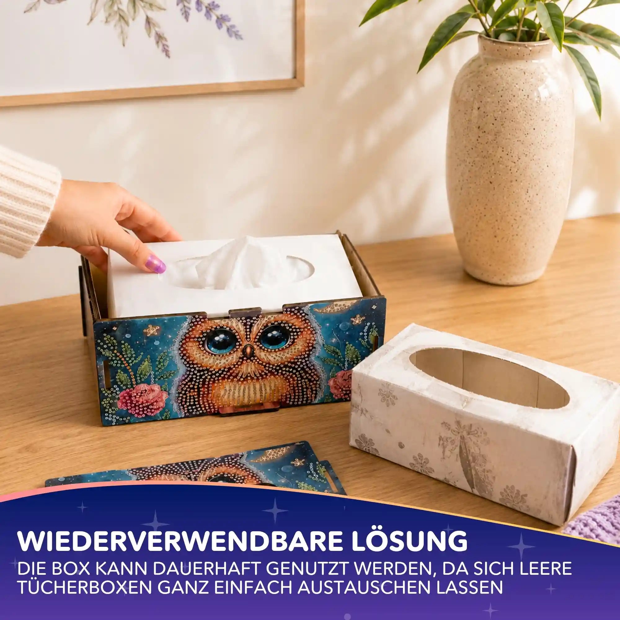 Diamond Painting Tücherbox mit Eulenmotiv und glitzernden Strasssteinen als dekoratives DIY-Bastelset