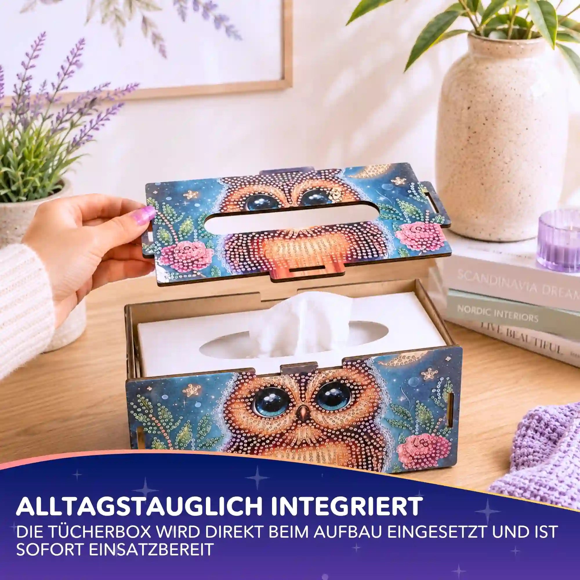 Diamond Painting Tücherbox mit Eulenmotiv und glitzernden Steinen als DIY-Set für kreative Dekoration
