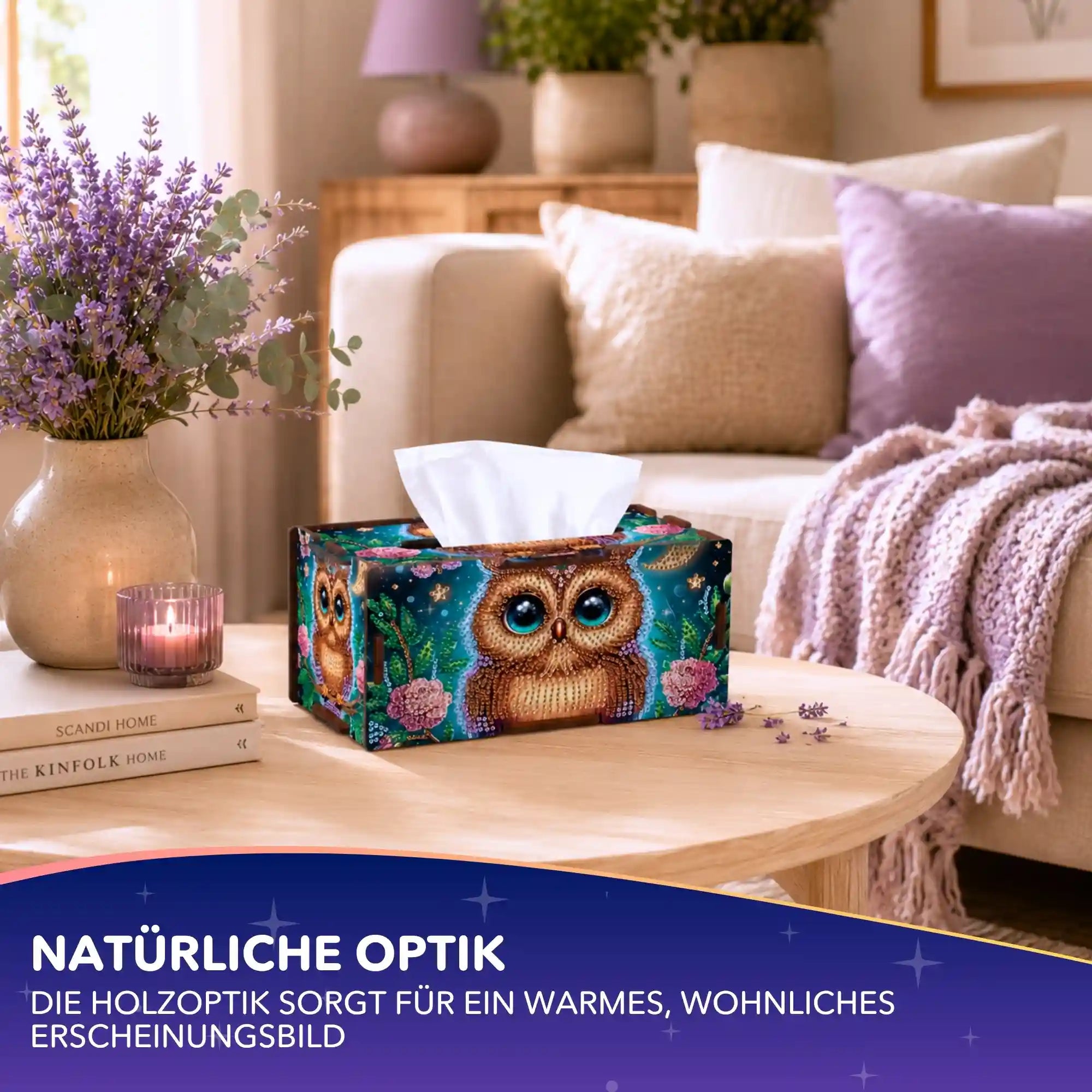 Diamond Painting Tücherbox mit niedlichem Eulenmotiv, verziert mit funkelnden Steinen als kreatives DIY-Wohnaccessoire.