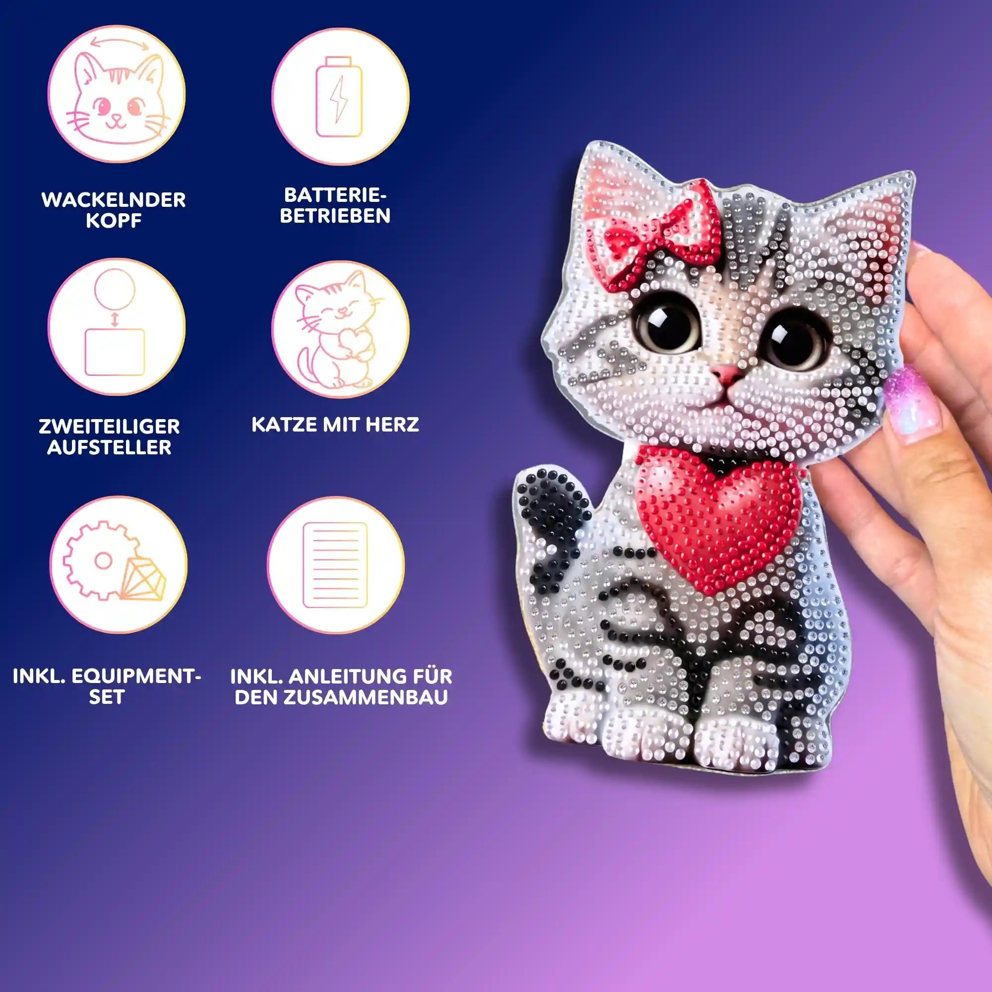 Diamond Painting Aufsteller als Wackelkatze mit Herz, gestaltet mit glitzernden Steinen inklusive Zubehör und Bauanleitung.