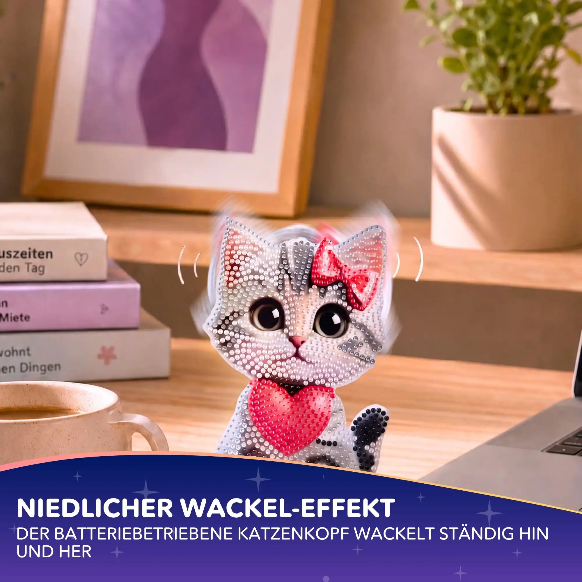 Diamond Painting Aufsteller Wackelkatze mit Herz und funkelnden runden Steinen als DIY-Deko für Katzenliebhaber