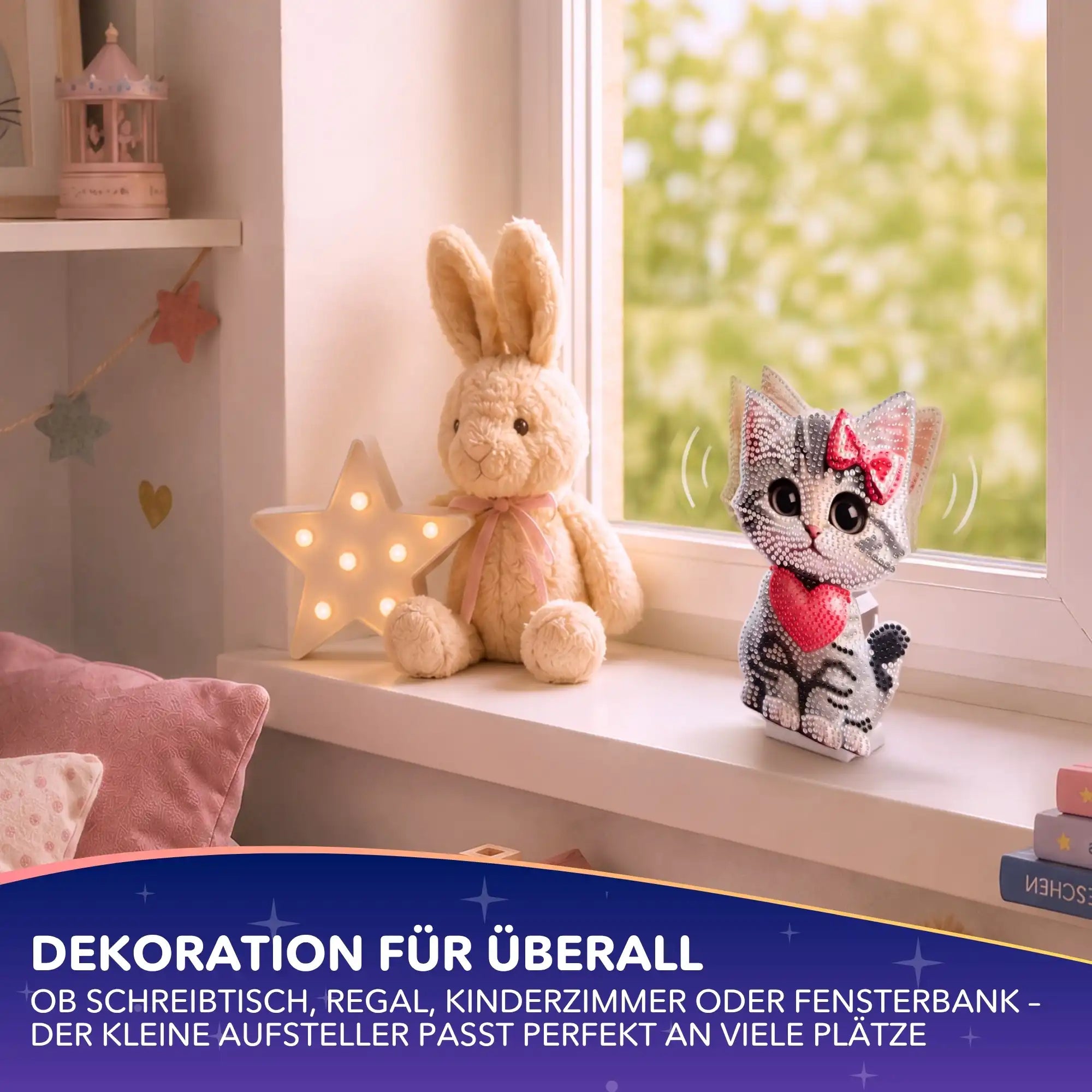 Funkelnder Diamond Painting Aufsteller Wackelkatze mit Herz auf einer Fensterbank als dekoratives DIY-Bastelprojekt.