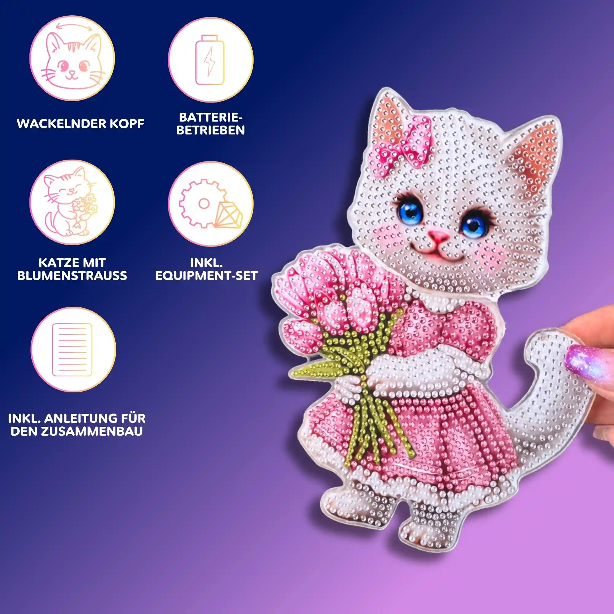 Diamond Painting Aufsteller Wackelkatze mit Blumenstrauß aus funkelnden Steinen inklusive Zubehör-Set für DIY-Fans
