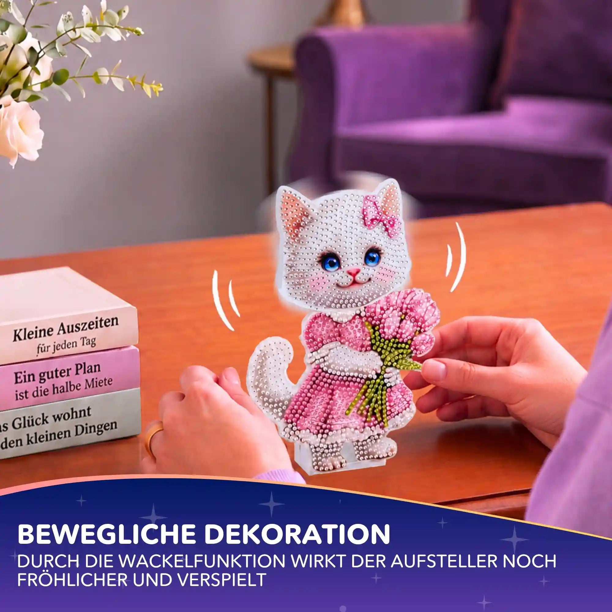 Diamond Painting Wackelkatze Aufsteller mit Blumenstrauß und funkelnden Steinen als kreative Bastel-Deko