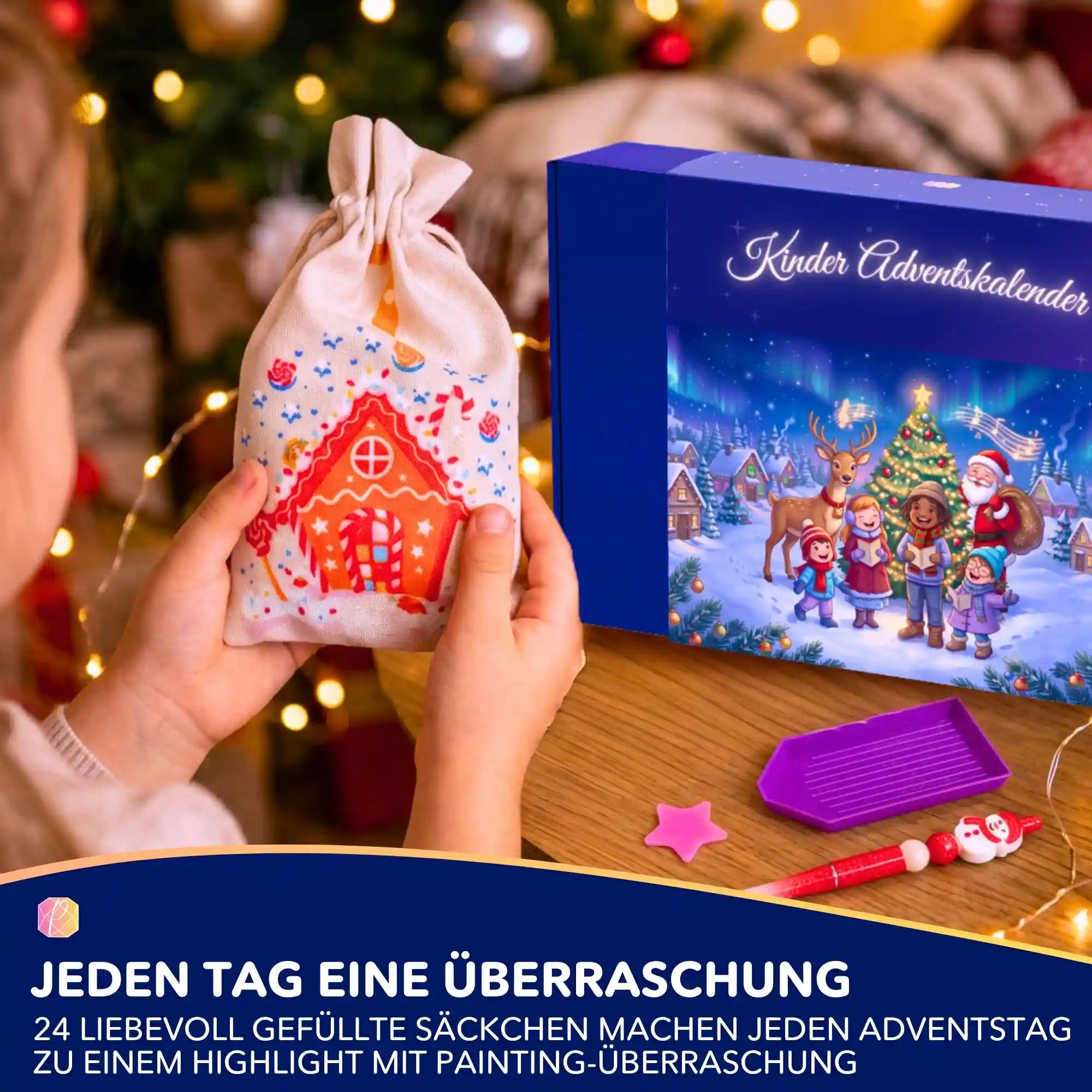 Kind hält Diamond Painting Adventskalender mit weihnachtlichem Lebkuchenhäuschen-Säckchen und Bastel-Set für Kinder