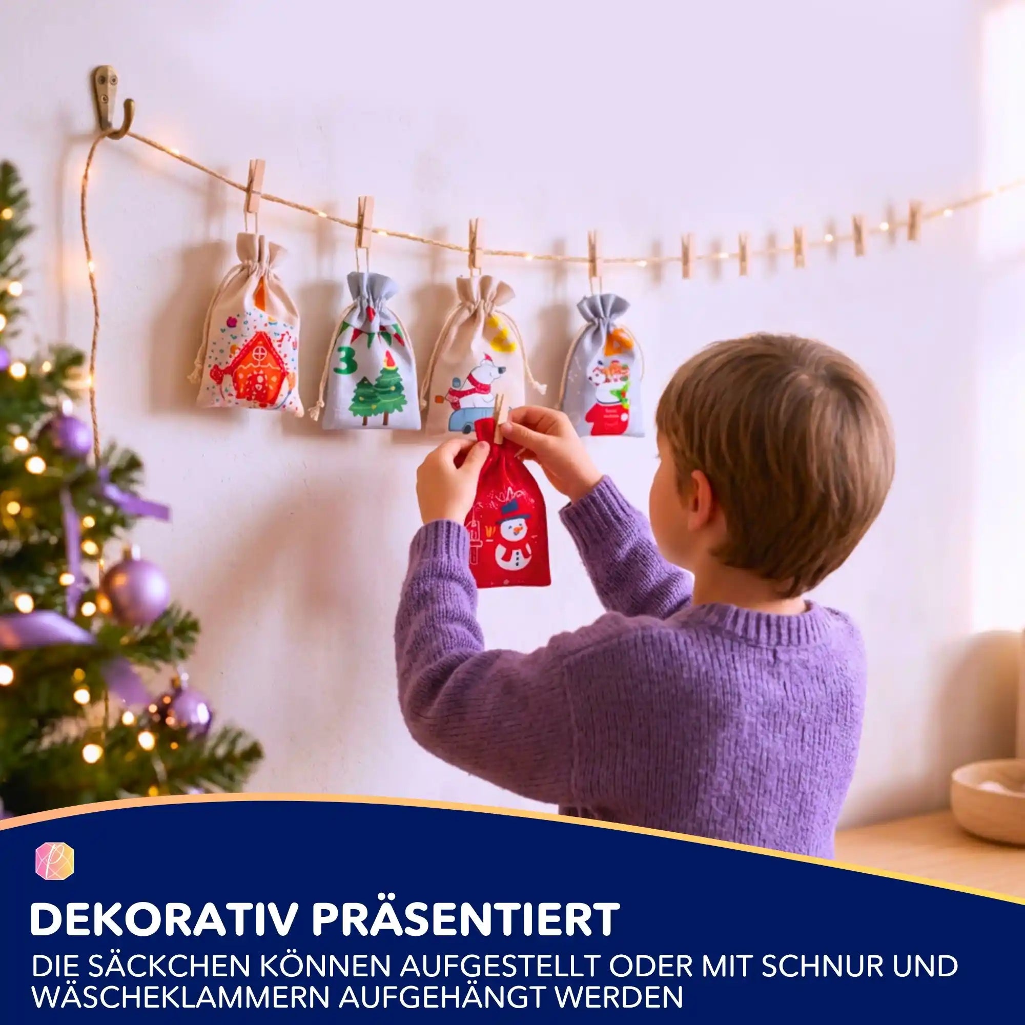 Kind hängt befüllte Säckchen des Diamond Painting Adventskalender für Kinder mit weihnachtlichen Motiven an eine Schnur.