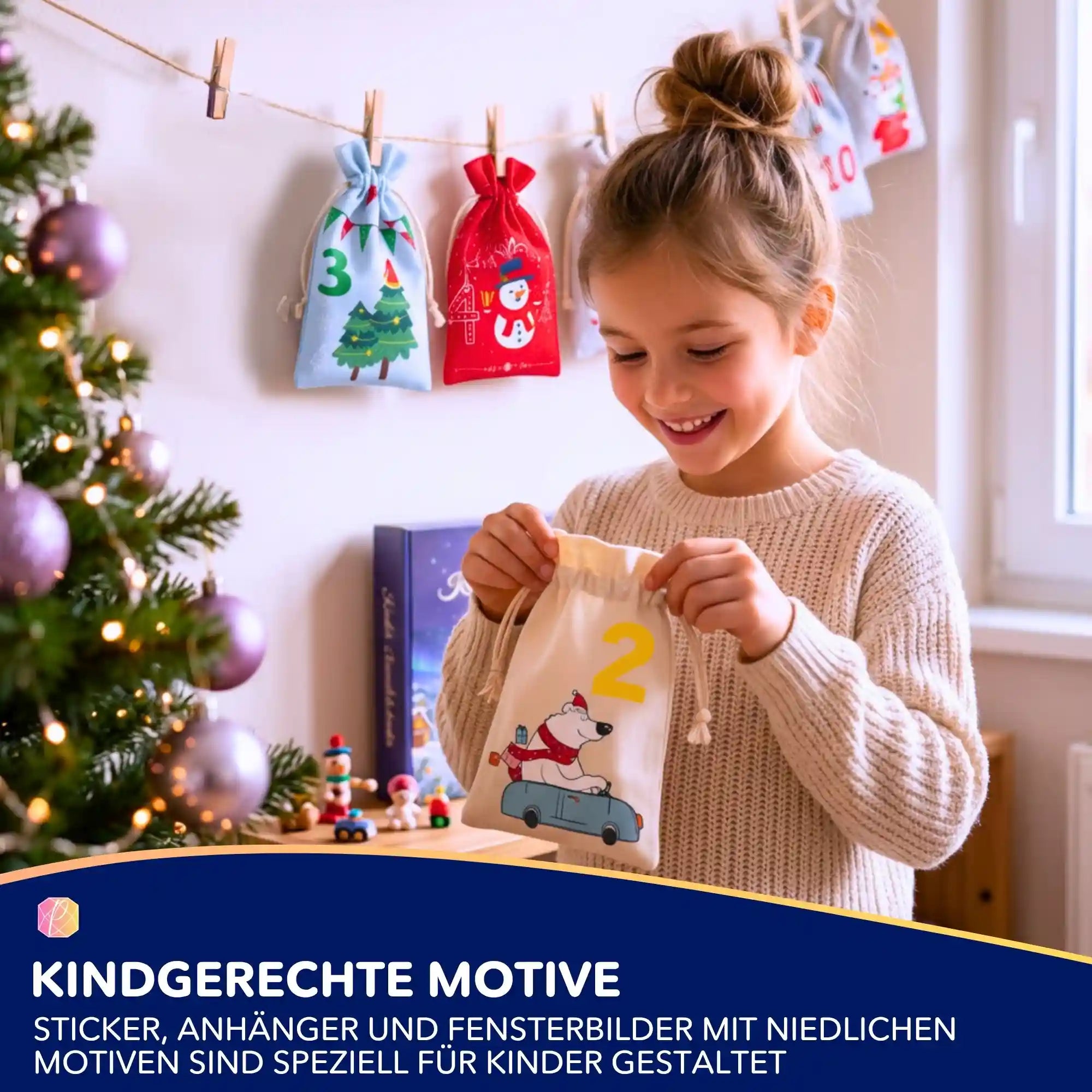 Kind öffnet Diamond Painting Adventskalender mit weihnachtlichen Motiven wie Eisbär und Schneemann für Kinder