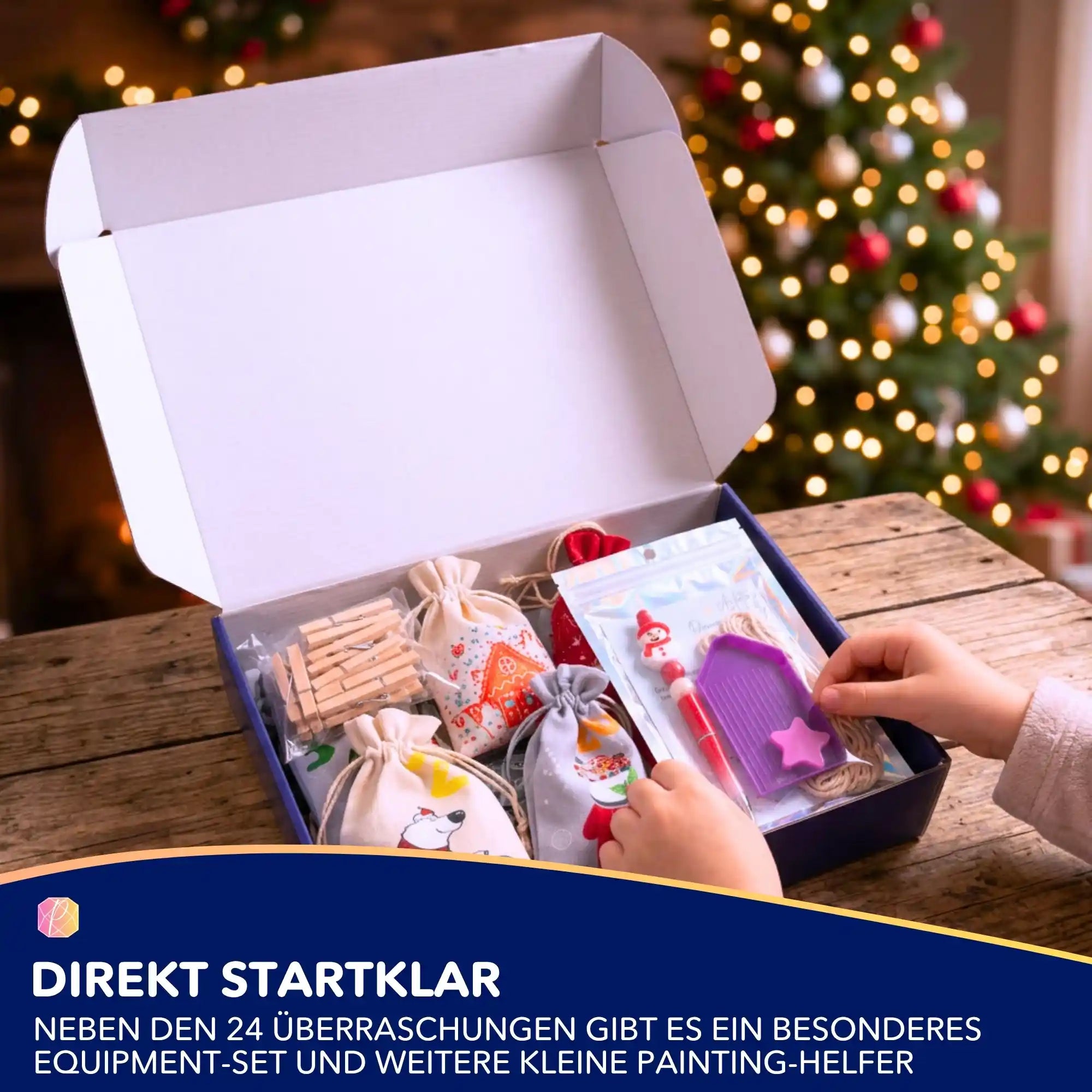 Diamond Painting Adventskalender für Kinder mit 24 Überraschungen, Bastelzubehör und Werkzeugset vor Weihnachtsbaum