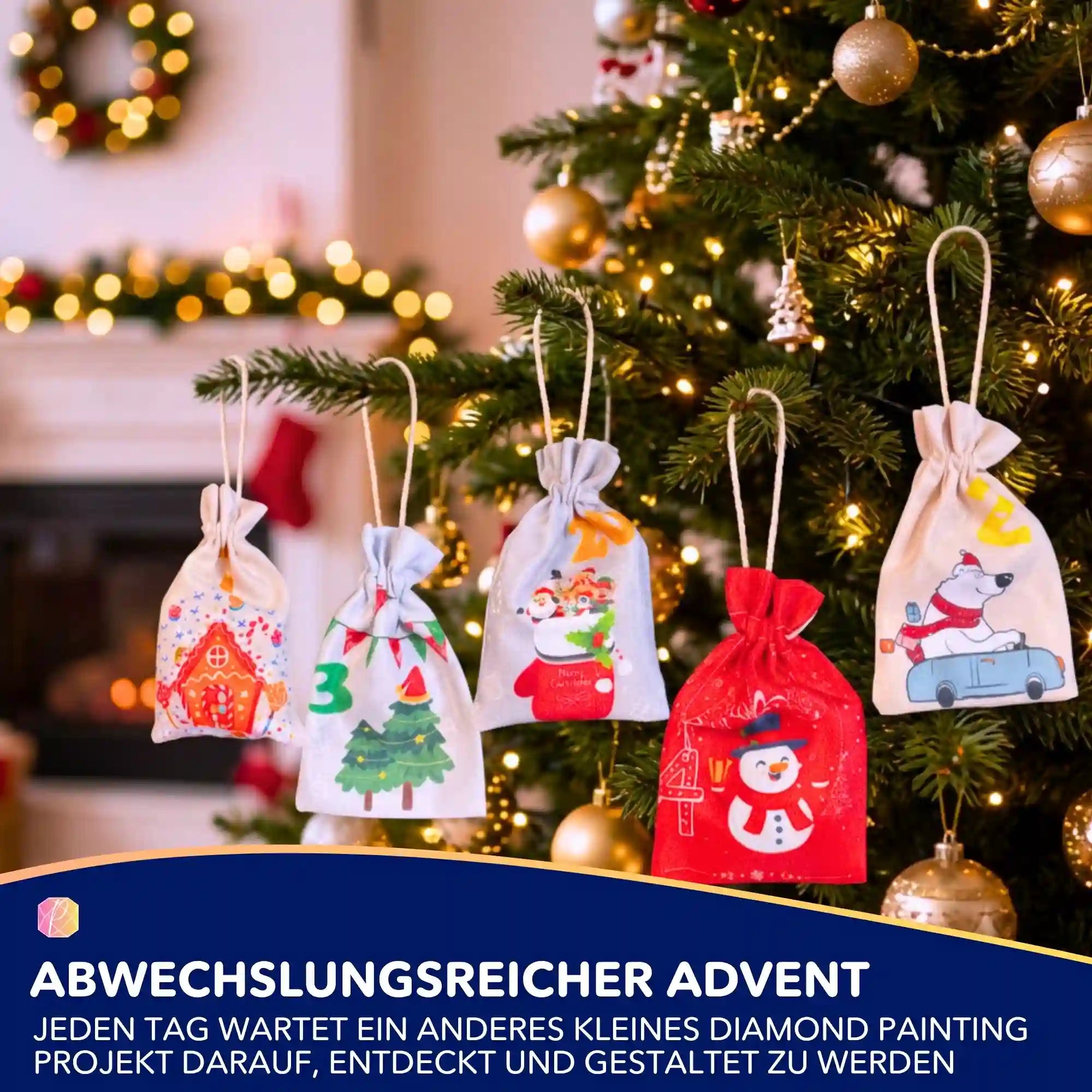 Diamond Painting Adventskalender für Kinder mit bunten Motiv-Säckchen am Weihnachtsbaum für kreative Bastelstunden.