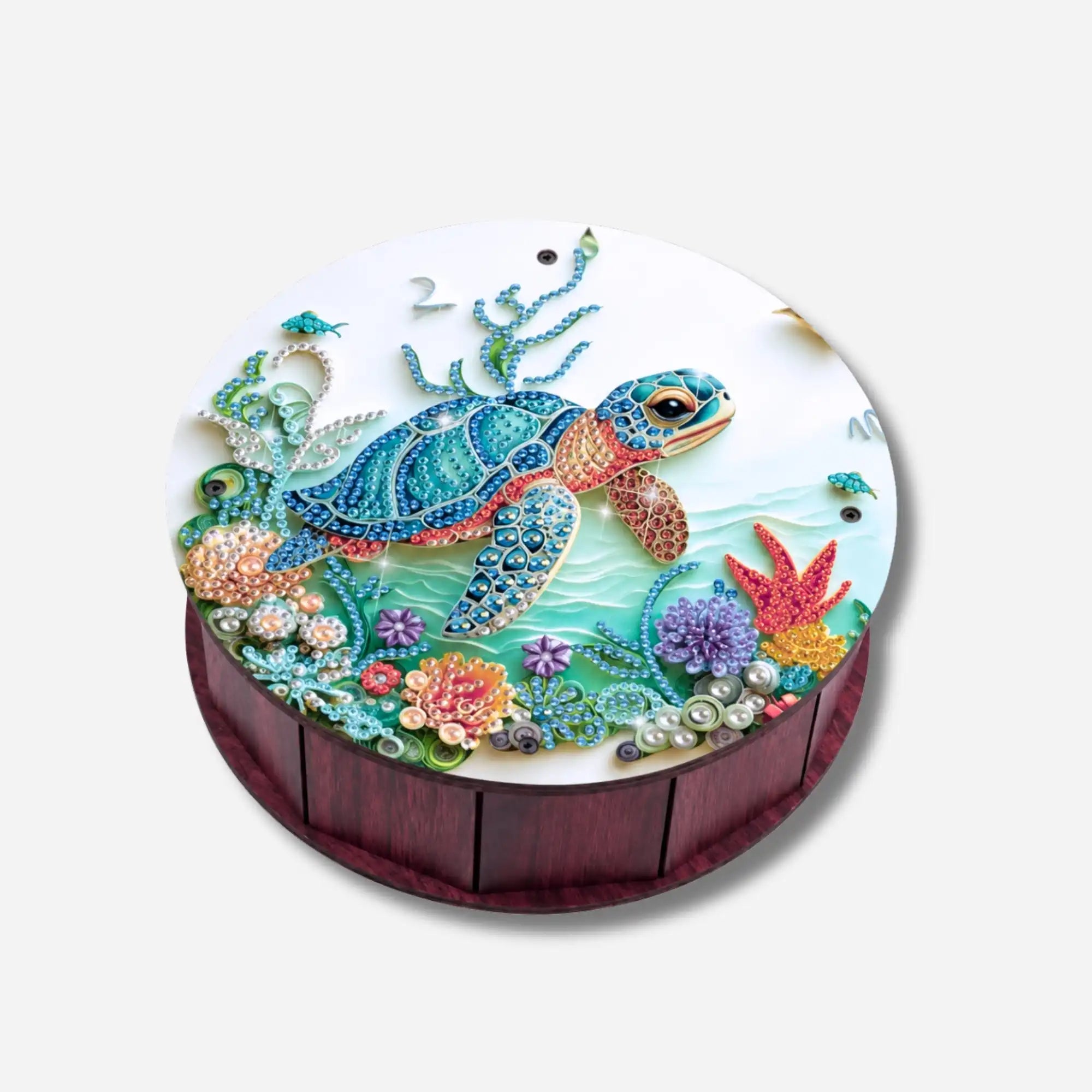 Diamond Painting Aufbewahrungsbox mit buntem Schildkröten-Motiv und glitzernden Steinchen im Unterwasser-Design