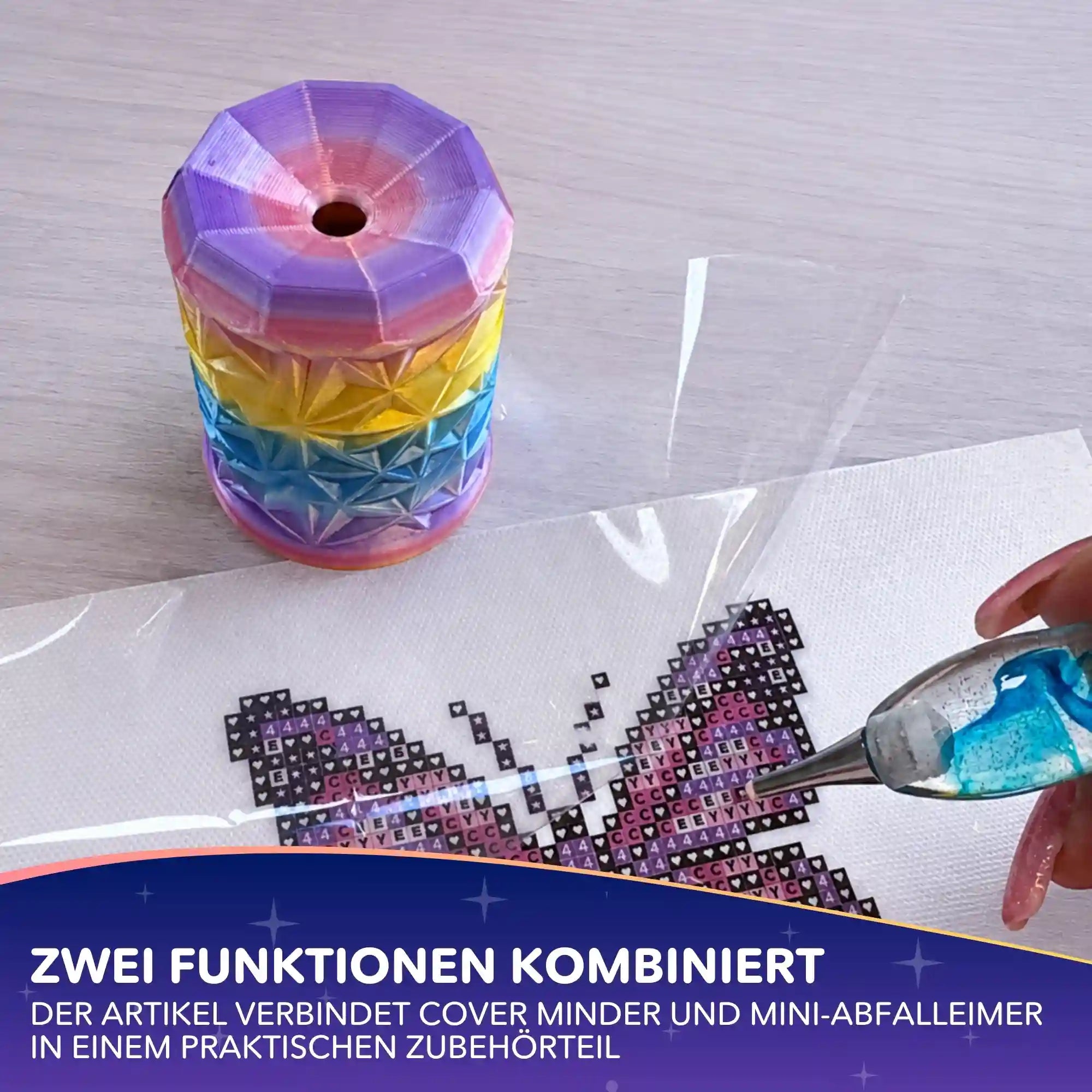 Bunter Cover Minder Mülleimer für Diamond Painting Zubehör auf einer Leinwand mit Schutzfolie und Diamond Pen