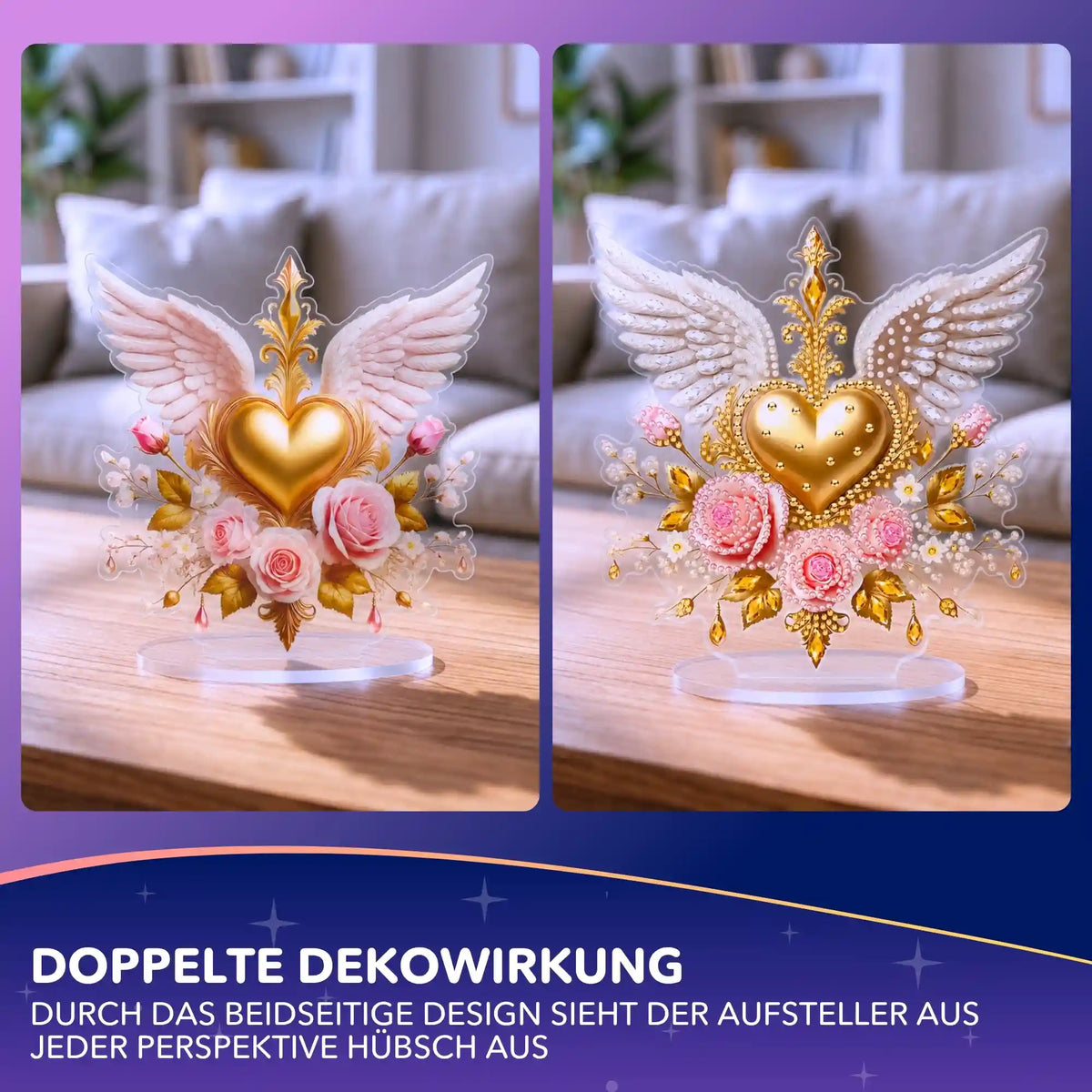 Diamond Painting Aufsteller Herz & Flügel mit glitzernden Steinen und Blumenmotiv als elegante Tischdekoration