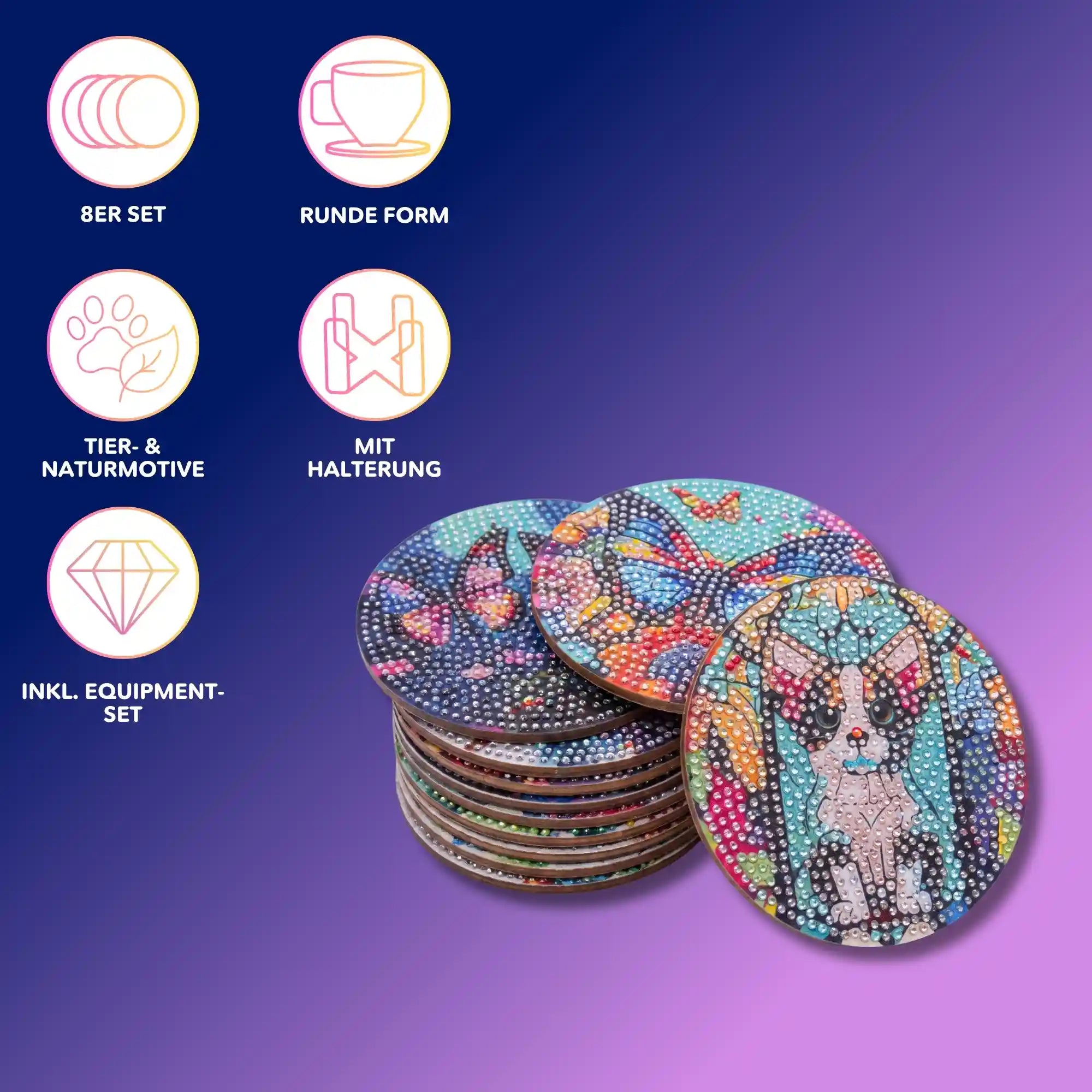 8er Set Diamond Painting Untersetzer mit bunten Tiermotiven und funkelnden Strass Steinen inklusive Halterung.