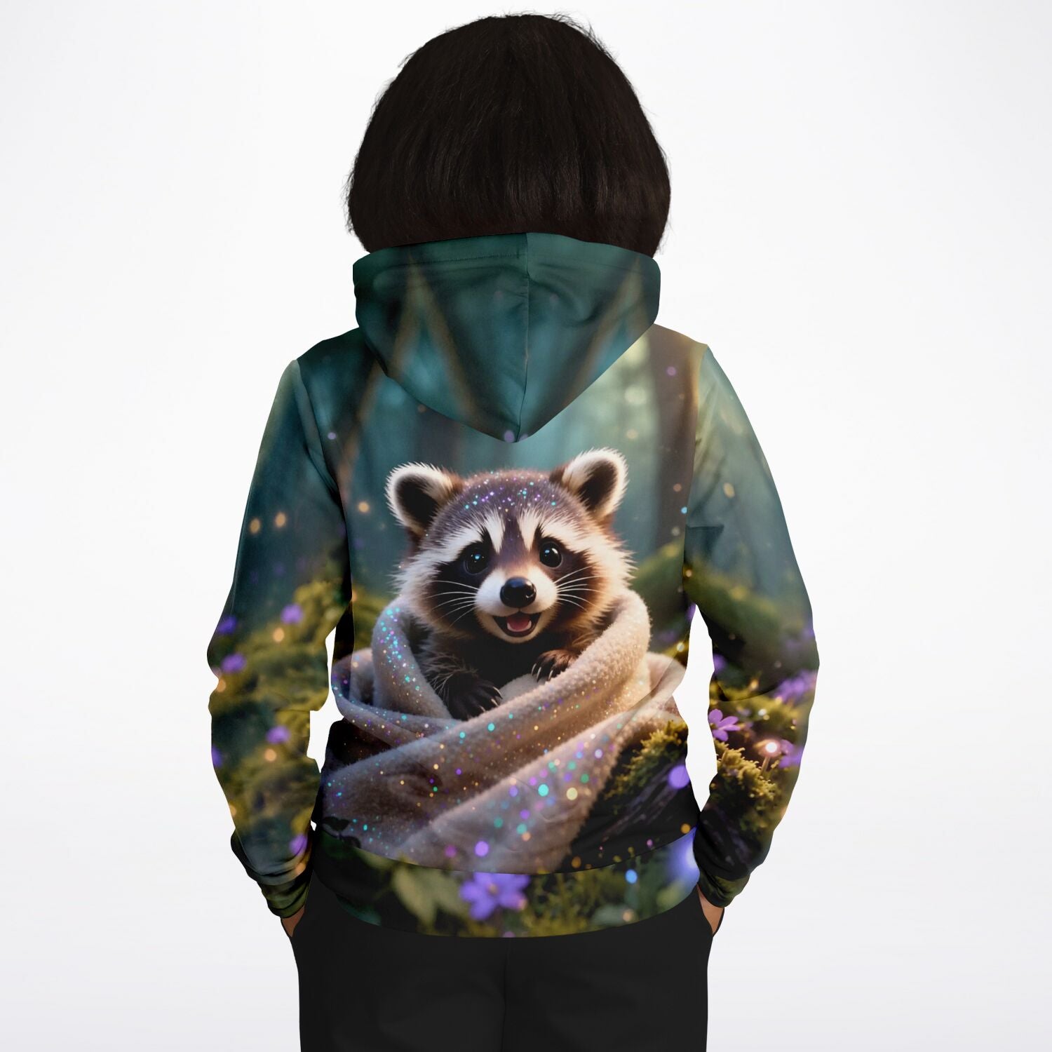 Dreamer Hoodie mit niedlichem Waschbär-Motiv, das stilistisch an Diamond Painting und Malen nach Zahlen Designs erinnert.