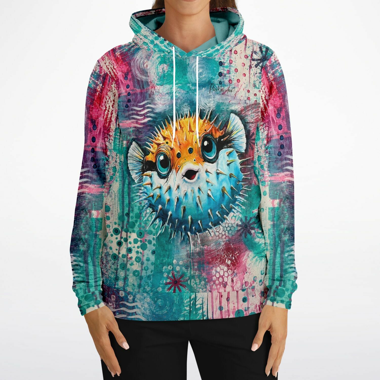 Hoodie mit buntem Kugelfisch im Diamond Painting Kunst-Stil, kräftige Farben, modernes abstraktes Design für Kreative