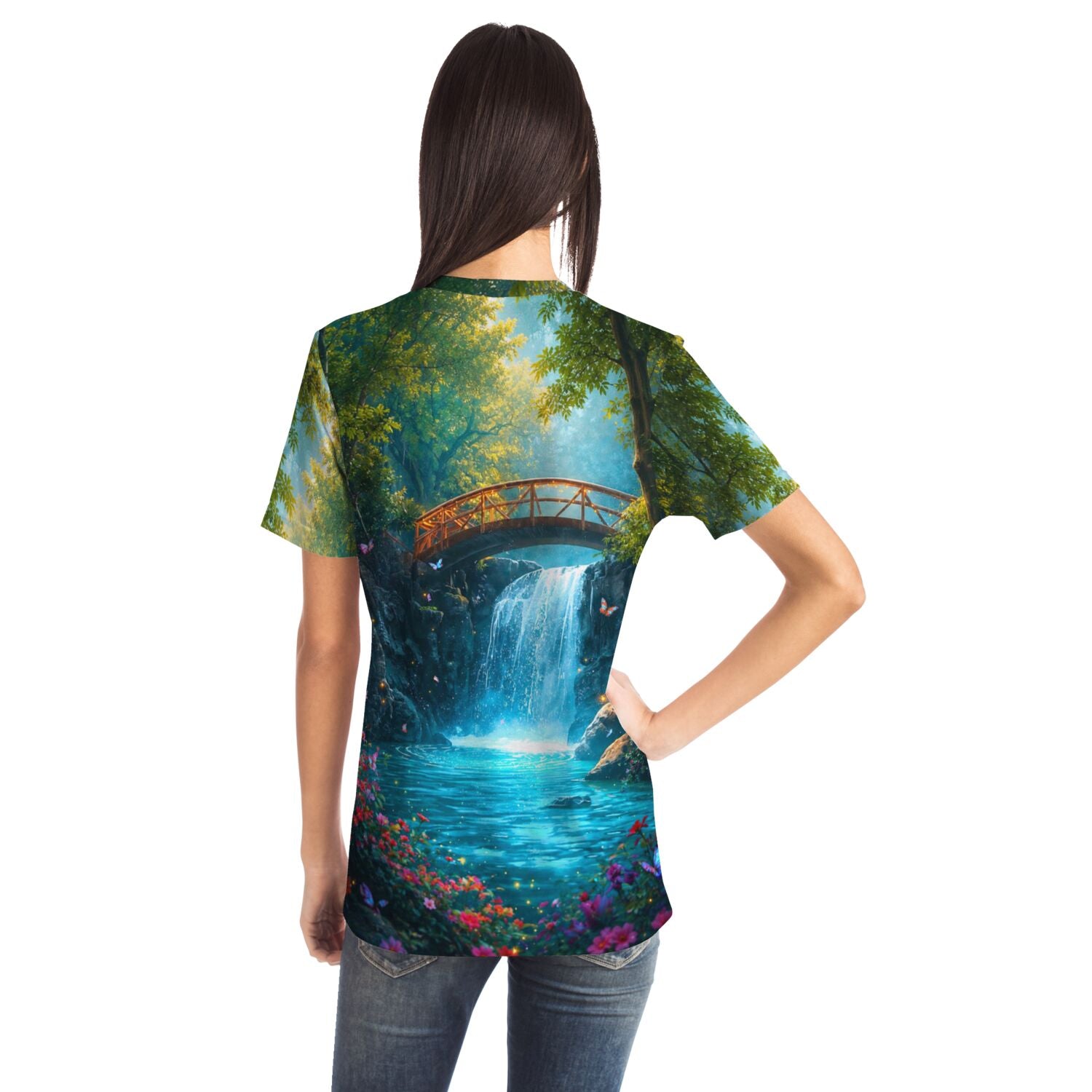 T-Shirt mit Brücke der Träume Motiv, inspiriert von Diamond Painting Naturlandschaften und Malen nach Zahlen Designs.