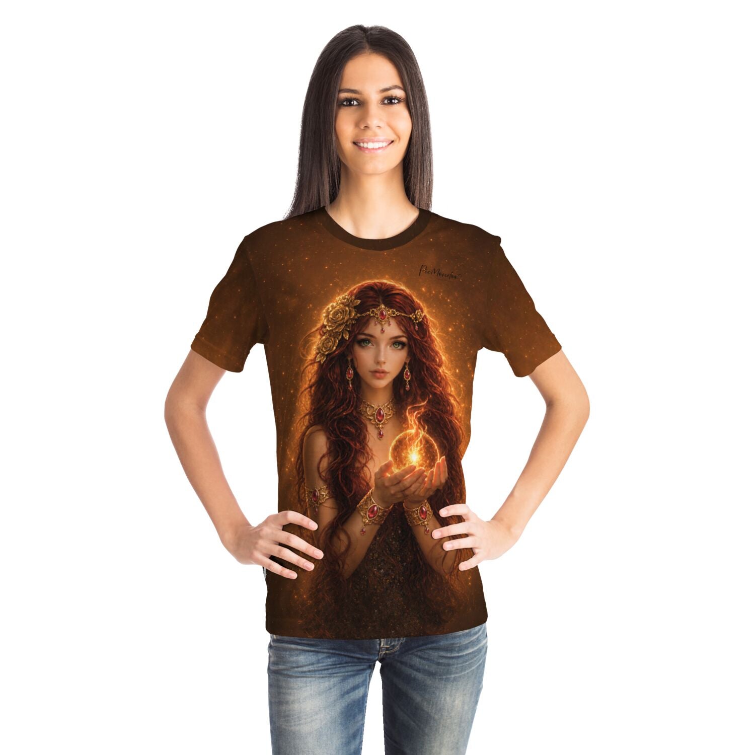 Frau trägt braunes T-Shirt mit Göttin der Sonne Motiv im Fantasy Stil, passend zu Diamond Painting und Malen nach Zahlen