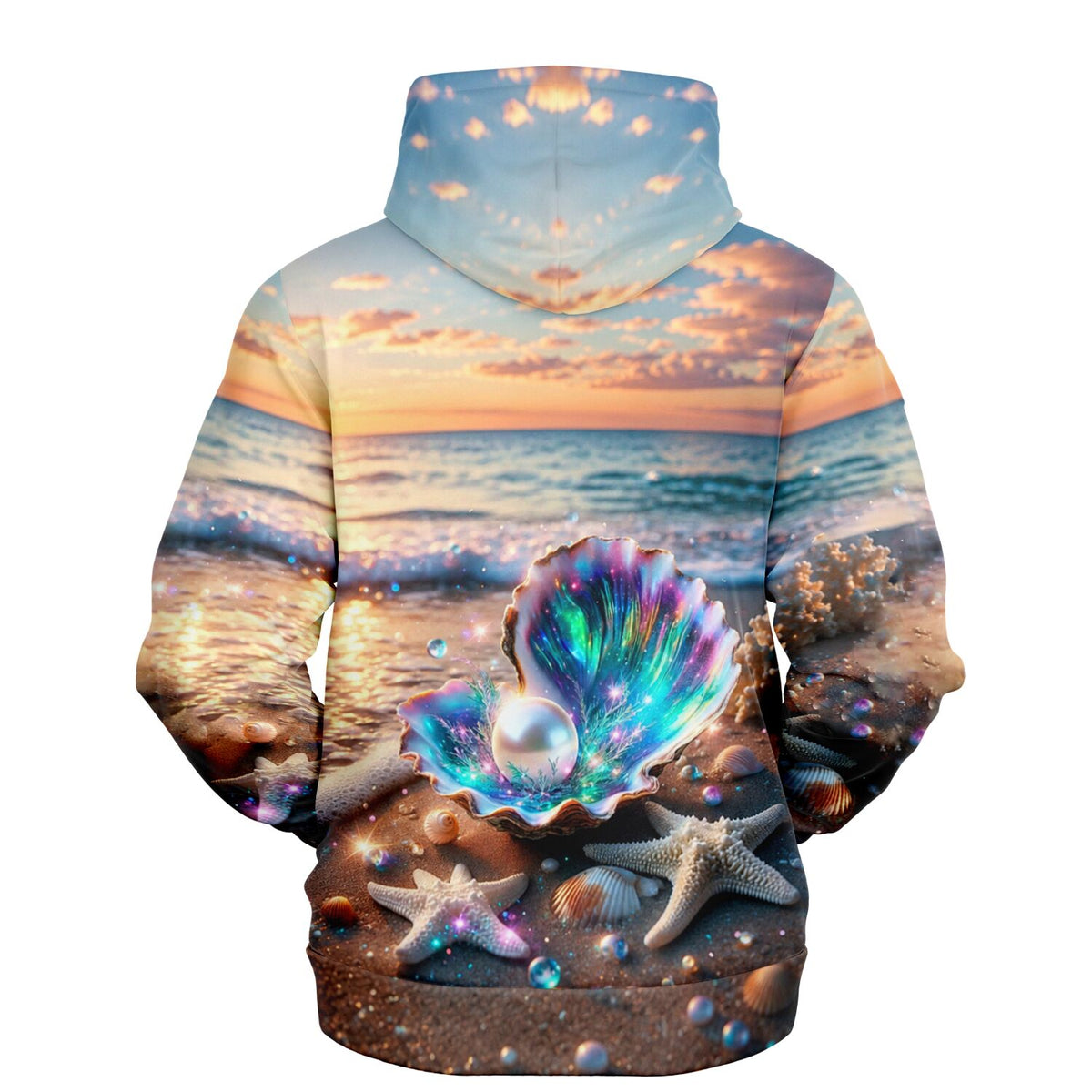 Dreamer Hoodie Innerer Schatz mit einer strahlenden Perle in einer Muschelschale vor malerischer Sonnenuntergangs-Strandkulisse