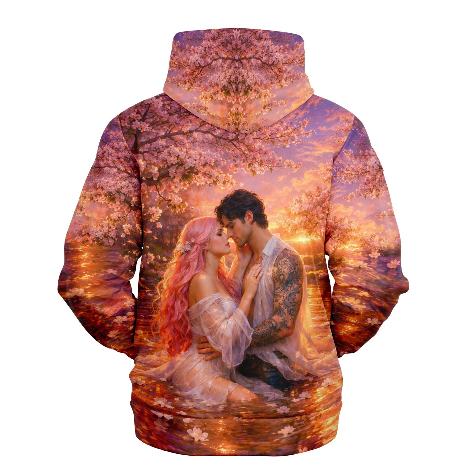 Dreamer Hoodie mit romantischem Liebespaar-Motiv vor Kirschblüten, inspiriert durch Diamond Painting Kunst