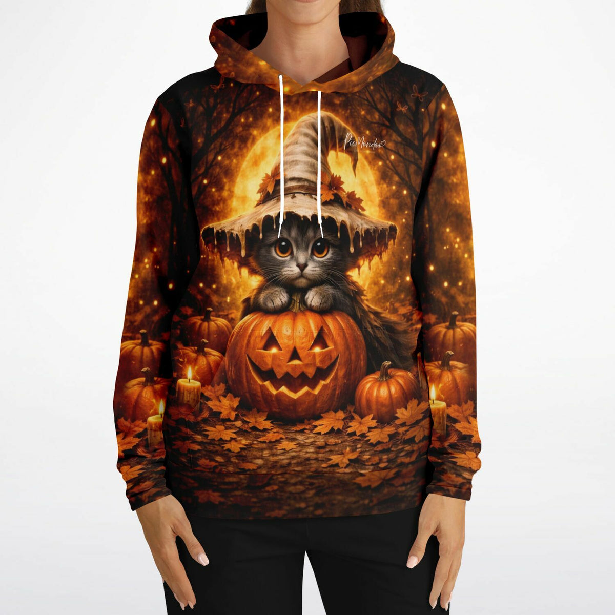 Dreamer Hoodie Die kleine Kürbishexe mit süßer Katze im Hexenhut auf Kürbissen in späherbstlichem Design