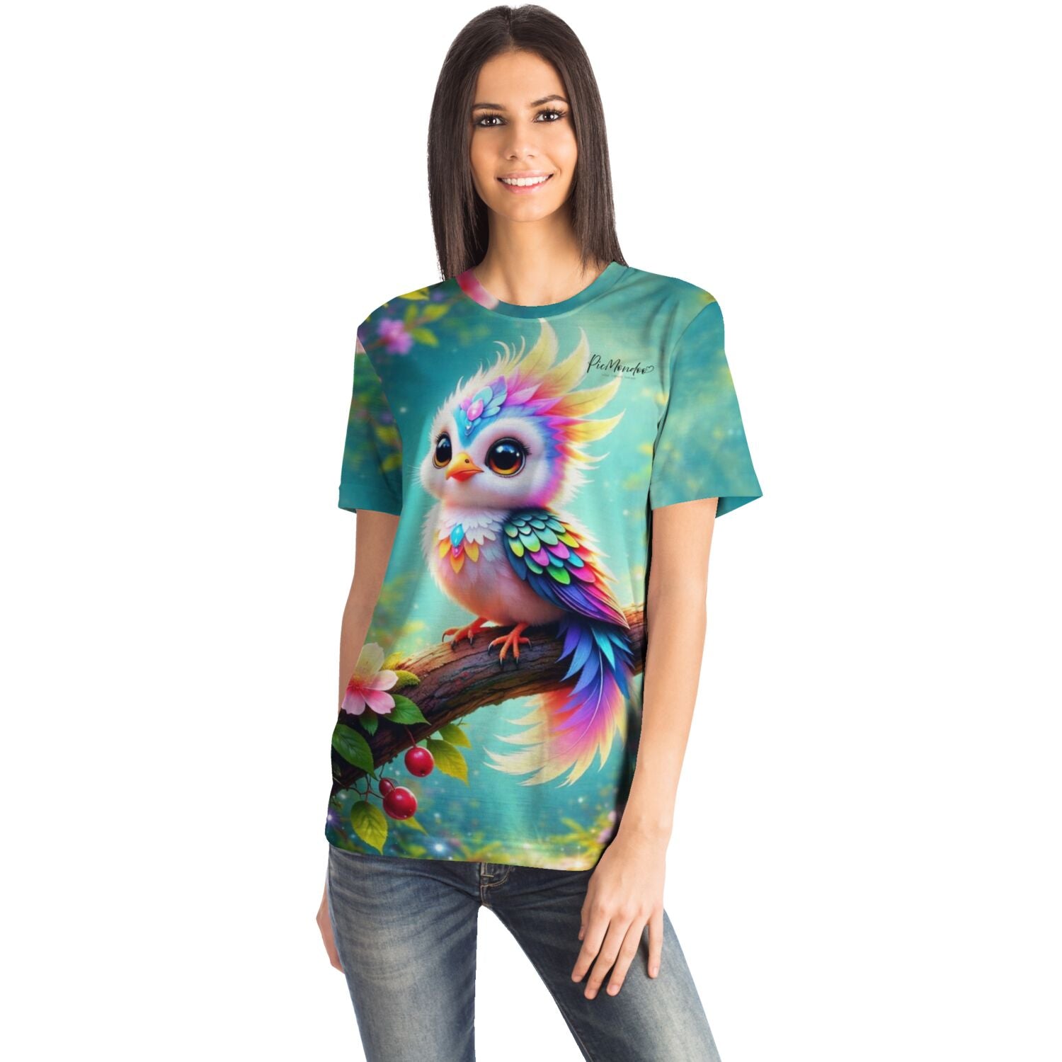 Frau trägt T-Shirt mit buntem Vogel-Motiv im Stil von Diamond Painting und Malen nach Zahlen Kunstwerken