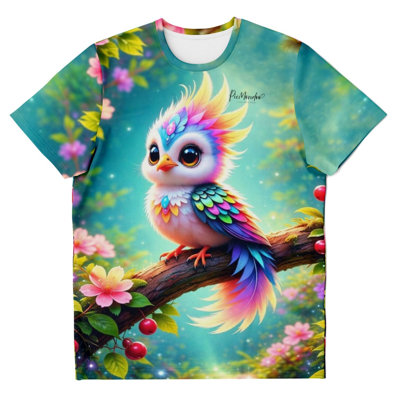 T-Shirt mit buntem Vogel Motiv im Stil eines Diamond Painting Kunstwerks in einer frühlingshaften Waldlandschaft.