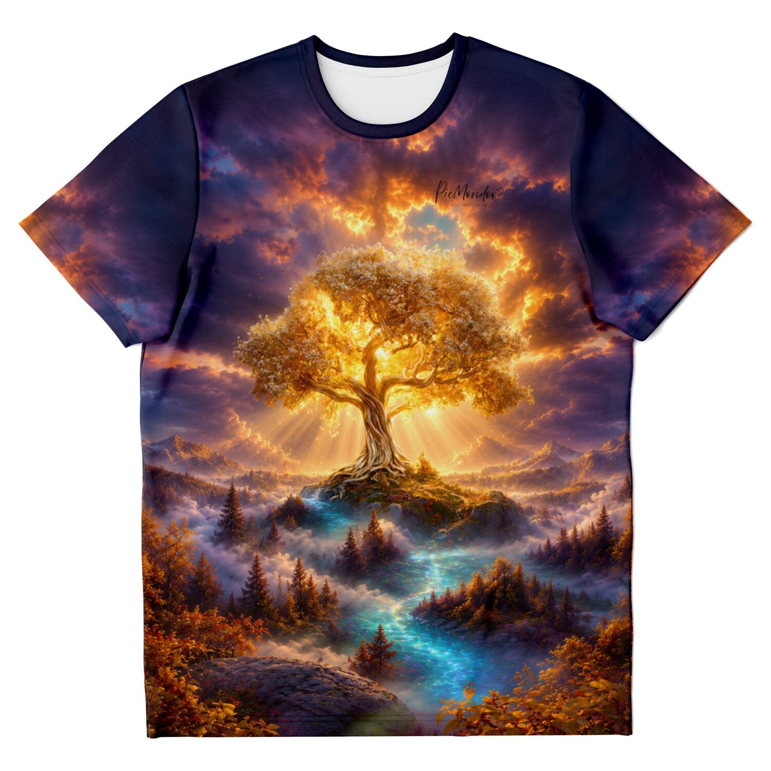 Dreamer T-Shirt mit goldenem Weltenbaum Motiv, inspiriert von Diamond Painting und Malen nach Zahlen Kunststilen.