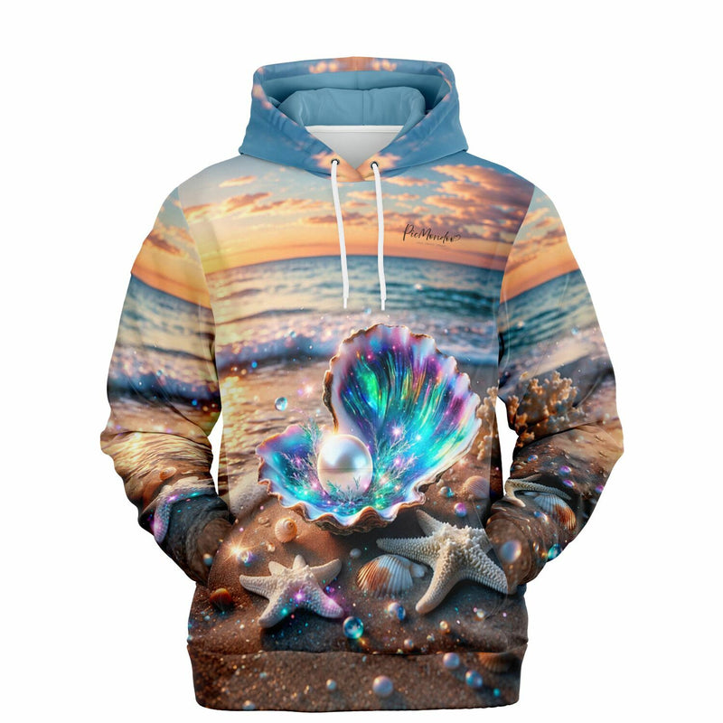 Dreamer Hoodie Innerer Schatz mit glitzerndem Muschel-Motiv im Stil von Diamond Painting am Strand bei Sonnenuntergang