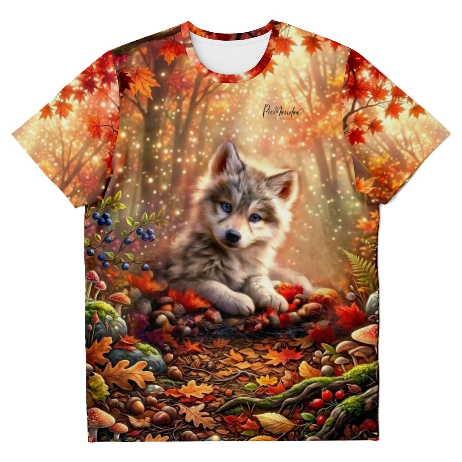 T-Shirt mit Akiro Wolf Design im herbstlichen Wald, passend zum Stil von Malen nach Zahlen und Diamond Painting Motiven