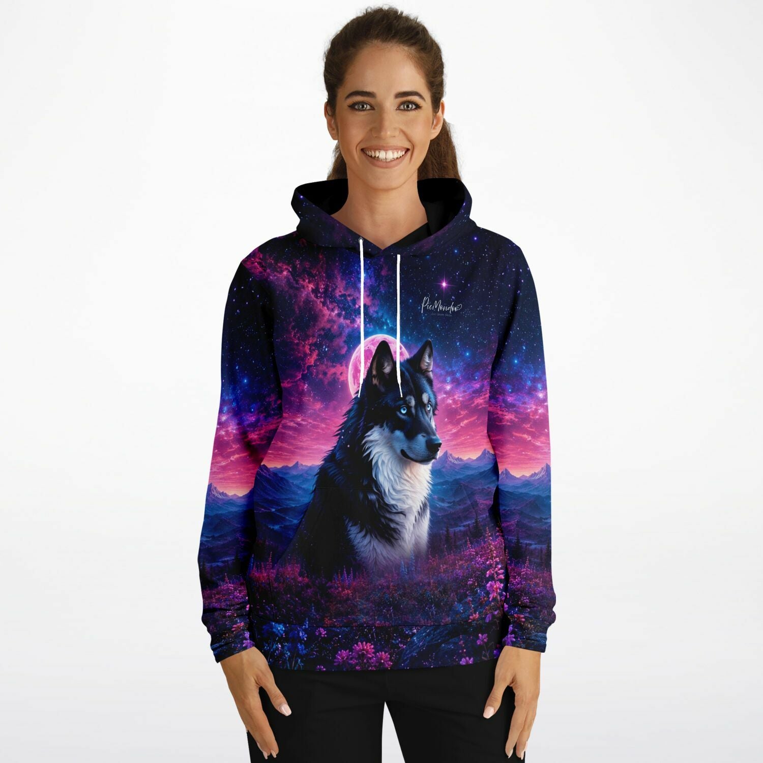 Dreamer Hoodie Unter dem Erdbeermond mit Wolf Motiv im Stil beliebter Diamond Painting und Malen nach Zahlen Vorlagen.