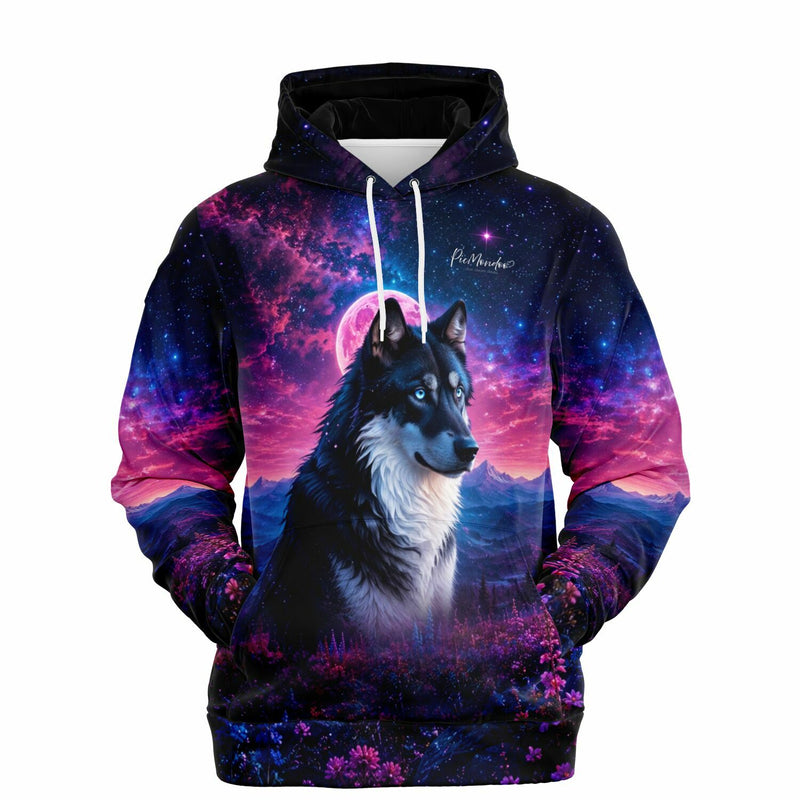 Dreamer Hoodie mit Wolf-Motiv, Mond und Galaxie-Print im Stil von Malen nach Zahlen und Diamond Painting Kunstwerken