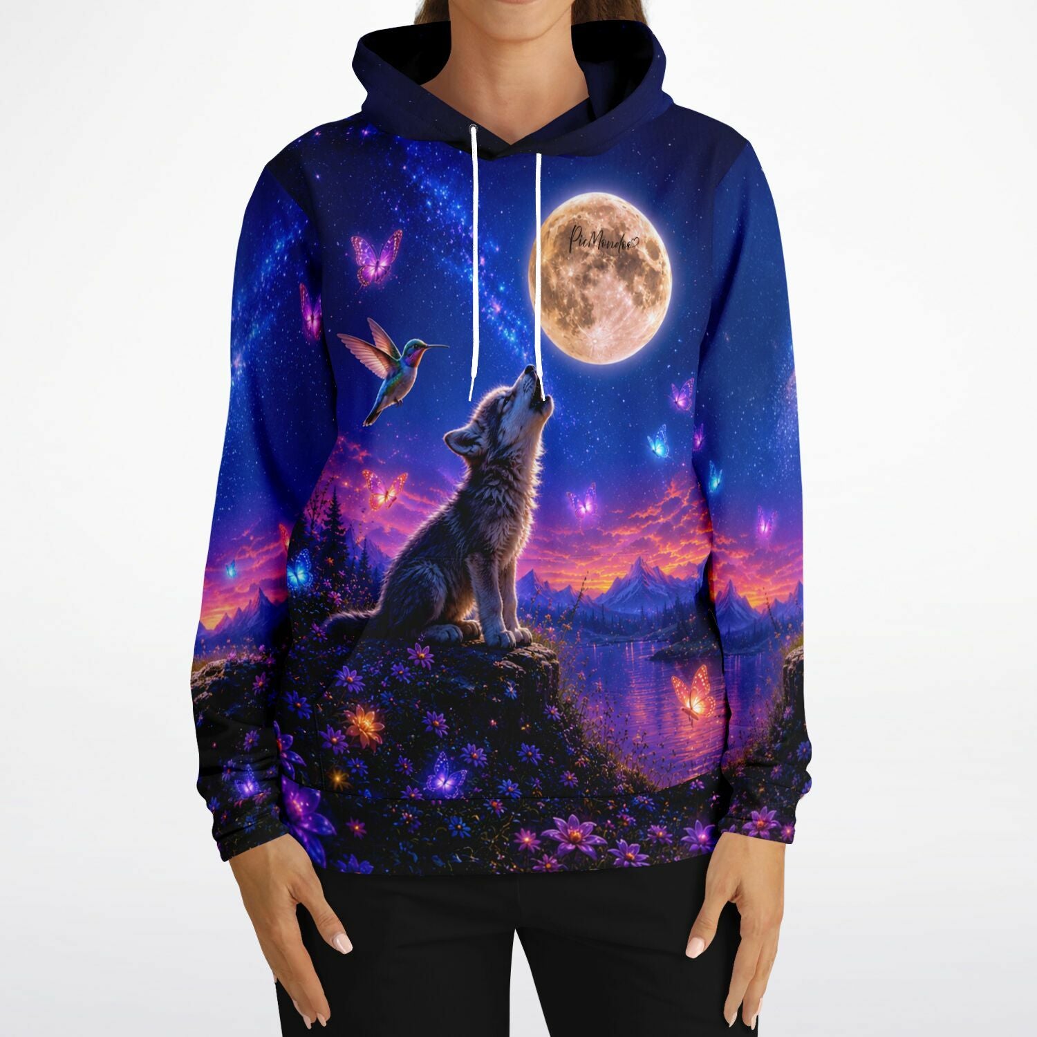 Dreamer Hoodie mit Wolf, Mond und Schmetterlingen in farbenfrohem Design im Stil unserer beliebten Diamond Painting Sets