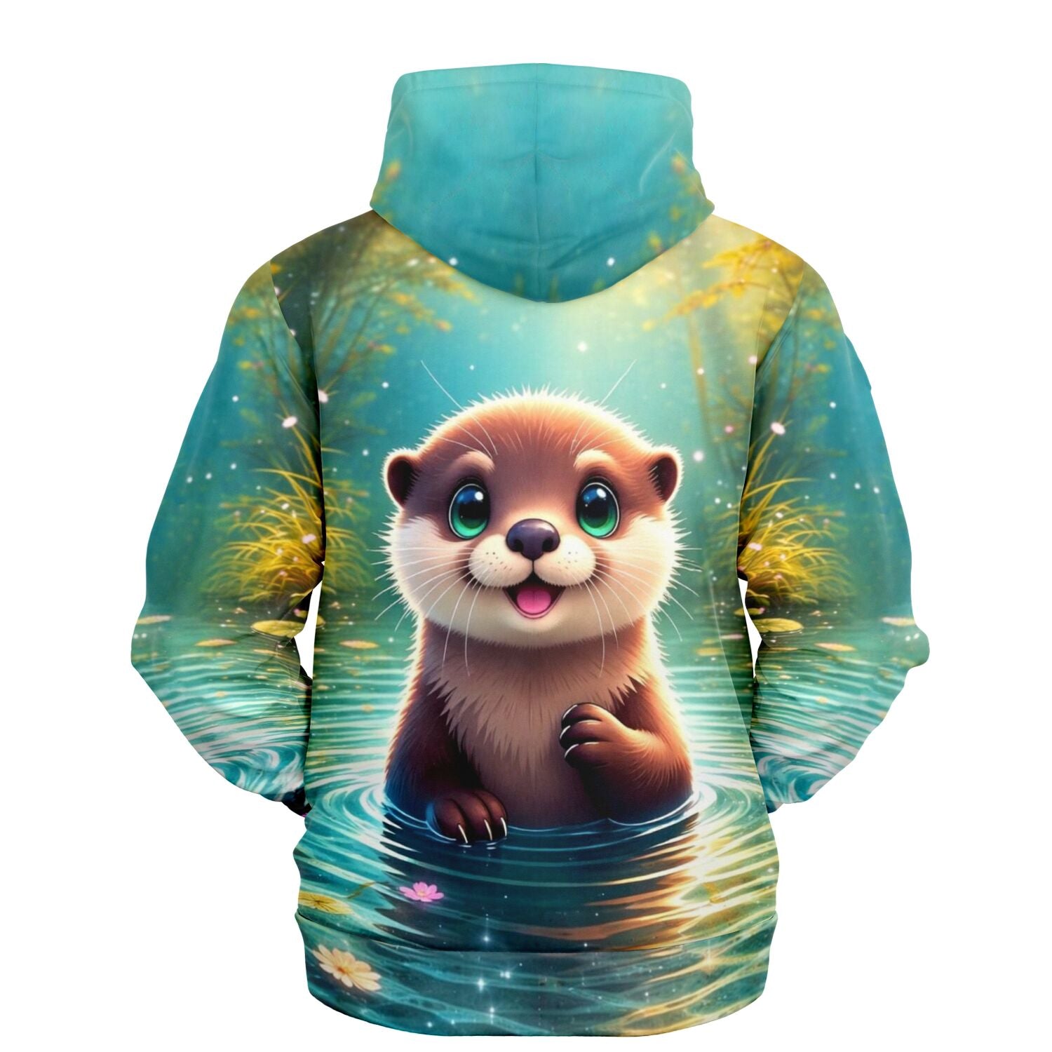 Dreamer Hoodie mit niedlichem Otter-Motiv im Wasser, hochwertiger AOP-Druck für Fans von Diamond Painting und Kunst.
