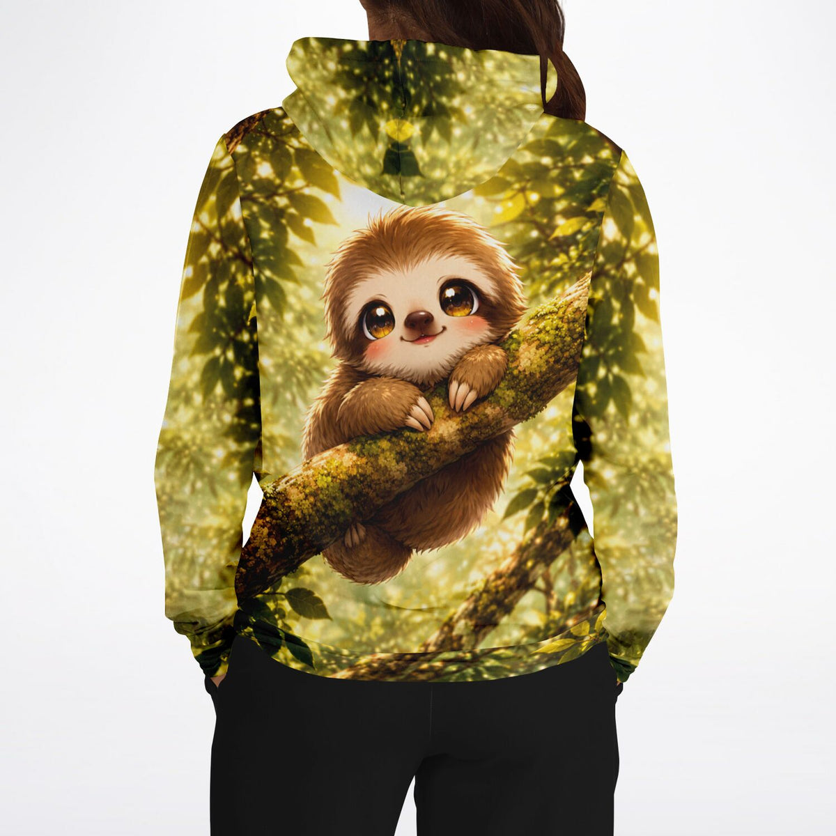 Dreamer Hoodie mit niedlichem Faultier-Motiv im Dschungel-Design, hochwertiger All-Over-Print für Fans kreativer Kleidung.