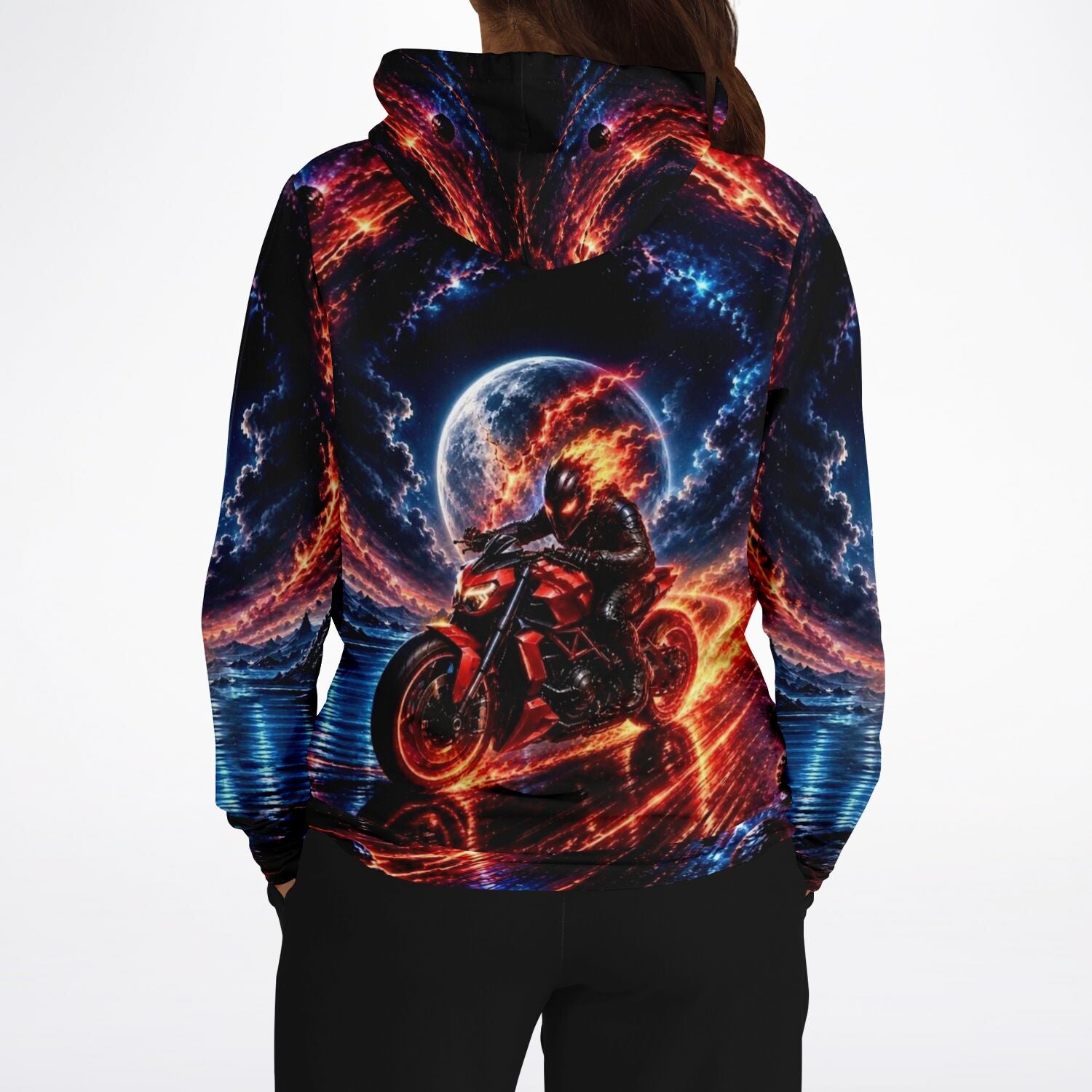 Dreamer Hoodie mit feurigem Motorrad-Motiv vor Mondlandschaft als stylisches All-Over-Print Design für Biker.