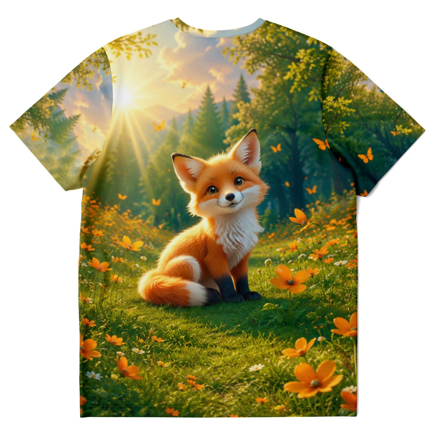 T-Shirt mit süßem Foxy Casper Motiv, einem Fuchswelpen in einer Blumenwiese, inspiriert durch Diamond Painting Kunst.