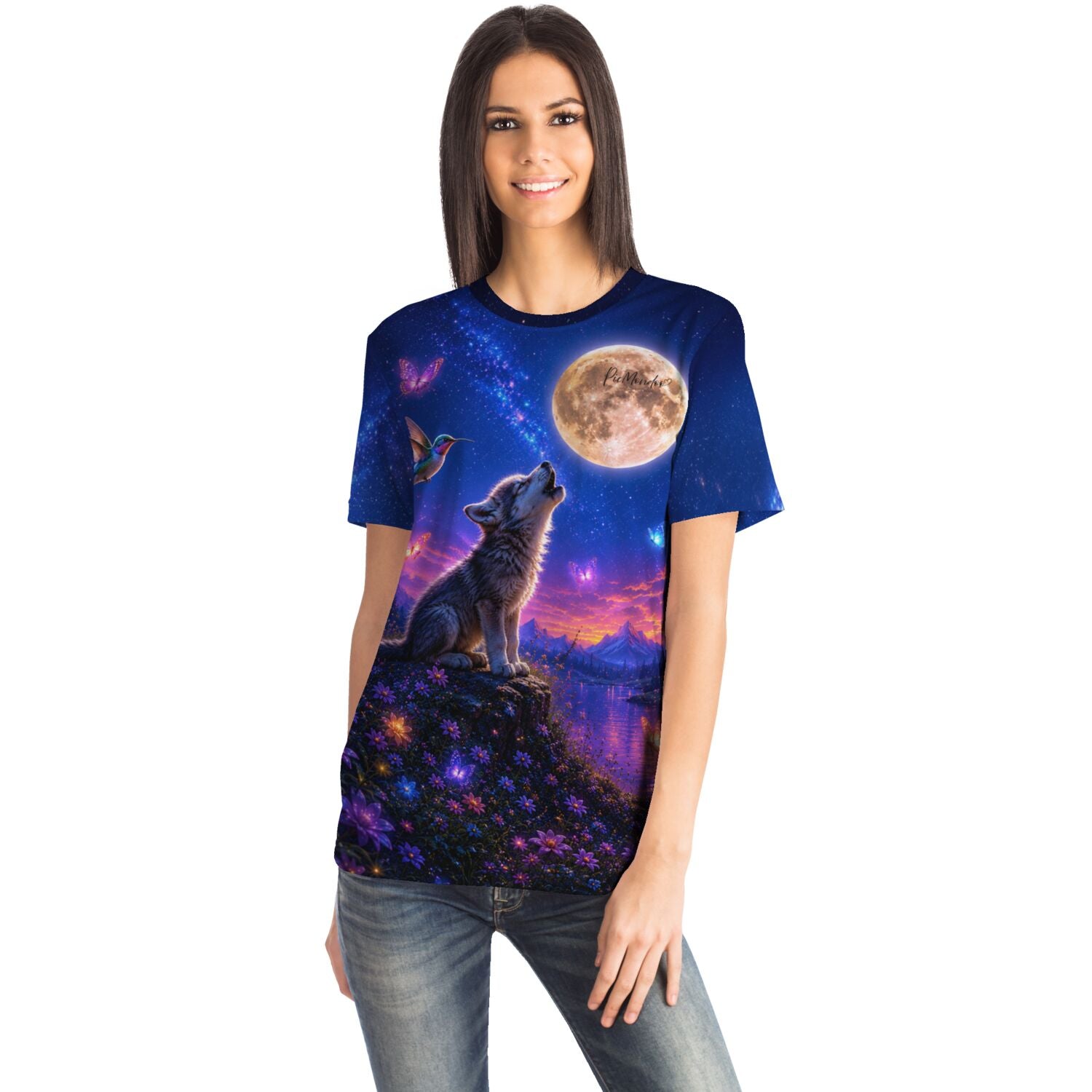 Dreamer T-Shirt mit Wolf, Vollmond und Schmetterlingsmotiv im Stil beliebter Diamond Painting und Malen nach Zahlen Sets