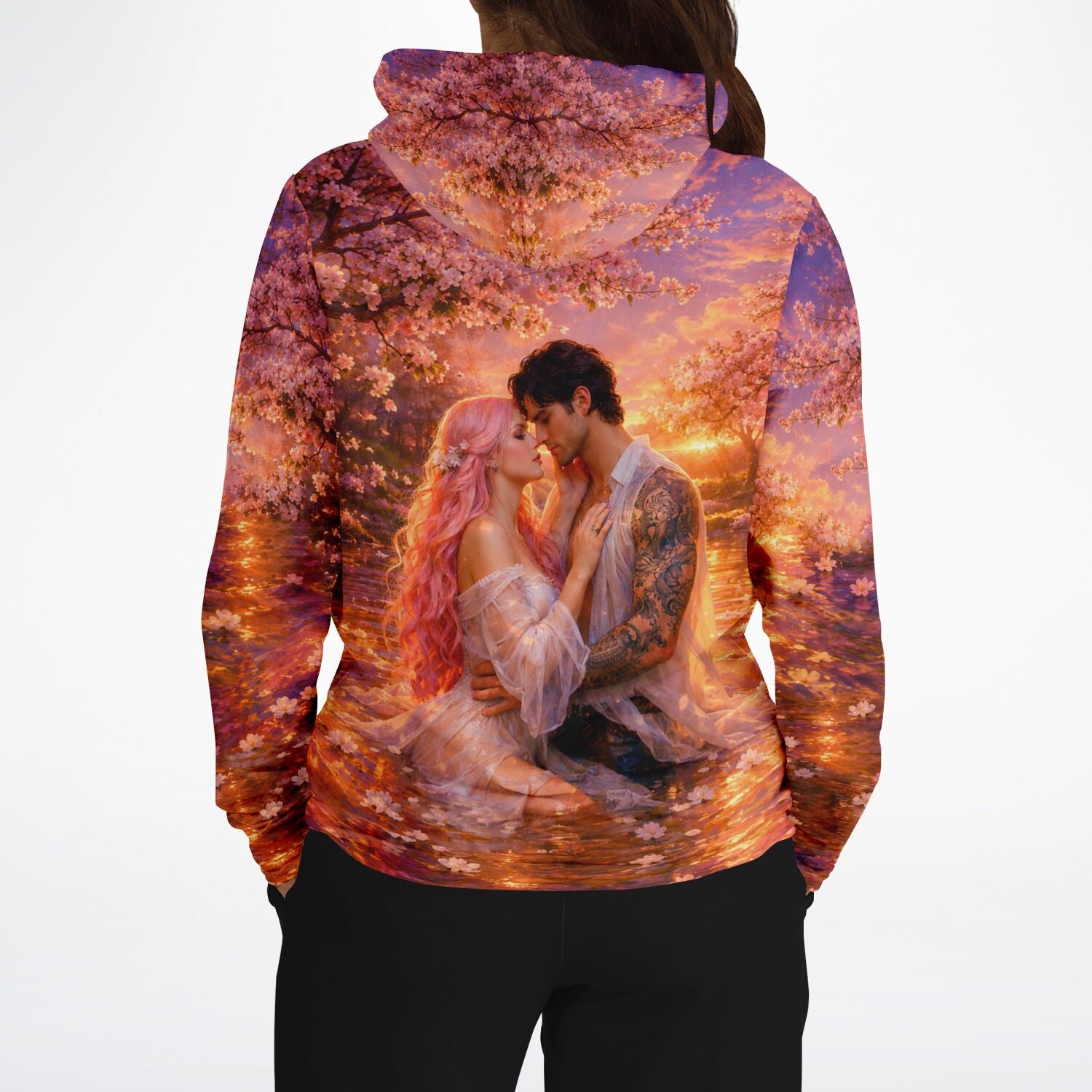 Dreamer Hoodie mit romantischem Motiv: Paar im Blütenmeer, ideal als Inspiration für Diamond Painting oder Malen nach Zahlen