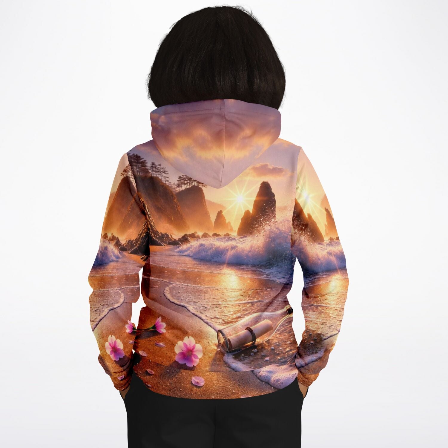 Dreamer Hoodie mit Meer-Motiv, Strand, Flaschenpost und Sonnenuntergang im All-Over-Print Design für Kunstbegeisterte.