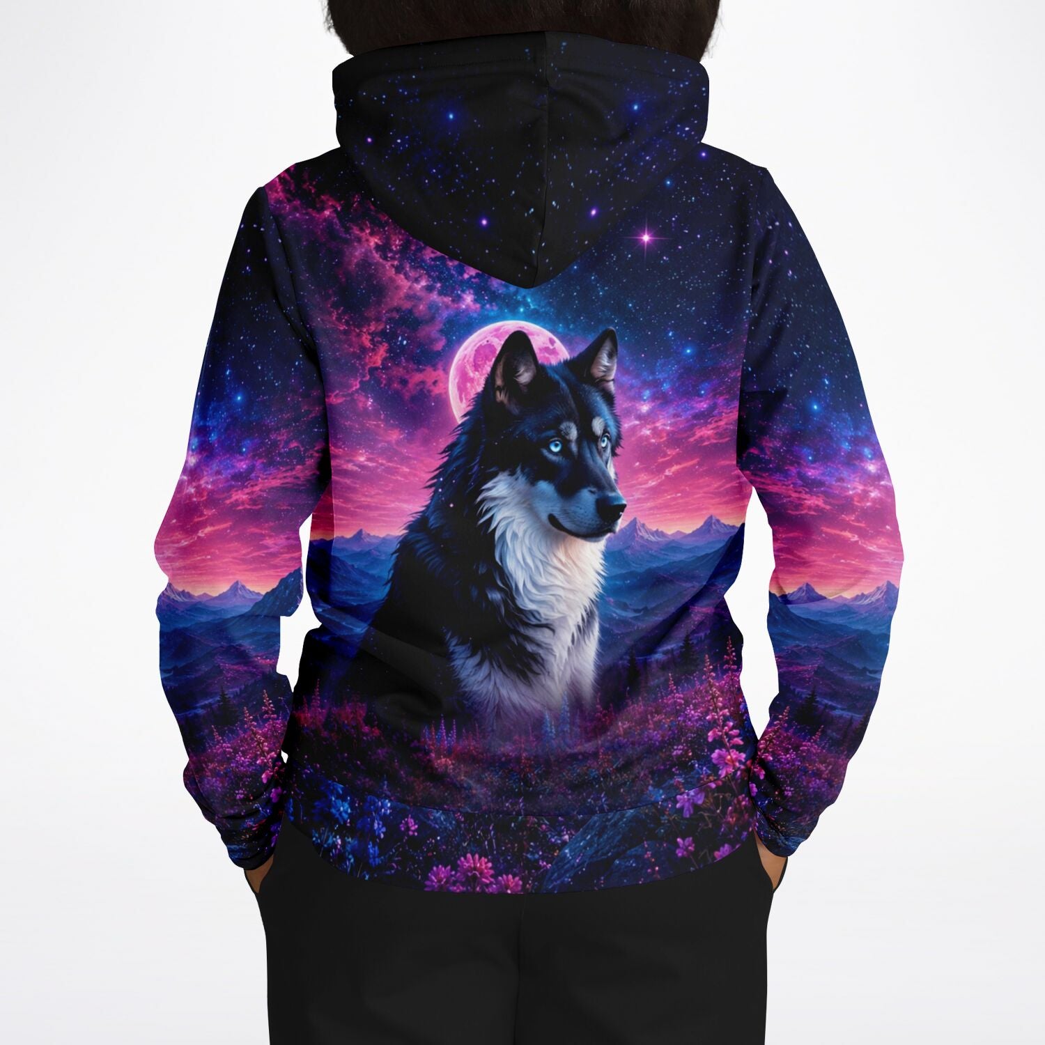 Dreamer Hoodie mit Wolf-Motiv, Mond und Sternenhimmel, passend zum Stil unserer Diamond Painting und Malen nach Zahlen Sets