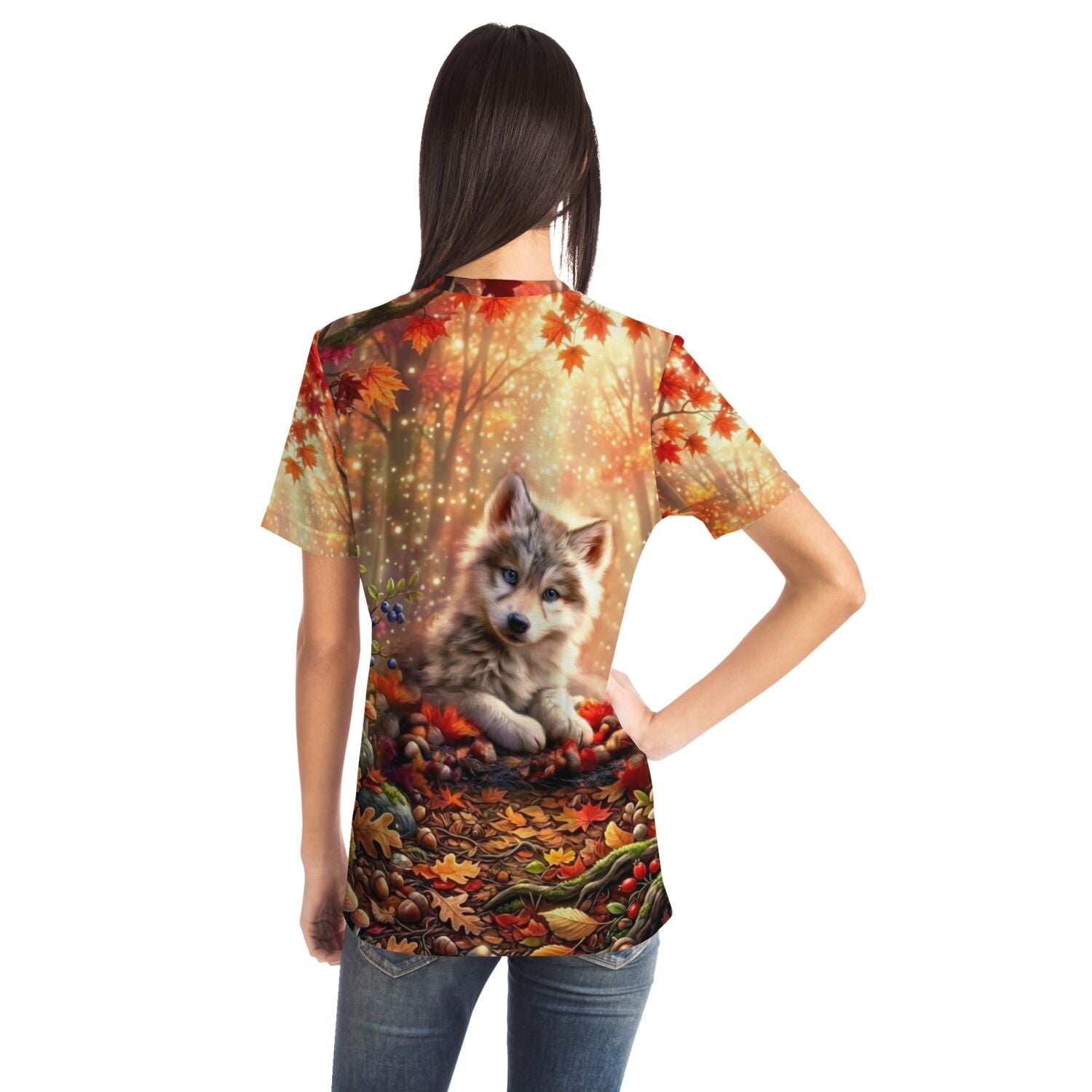 T-Shirt mit Akiro Wolf Design im Herbstwald-Motiv, inspiriert von Diamond Painting und Malen nach Zahlen Stil