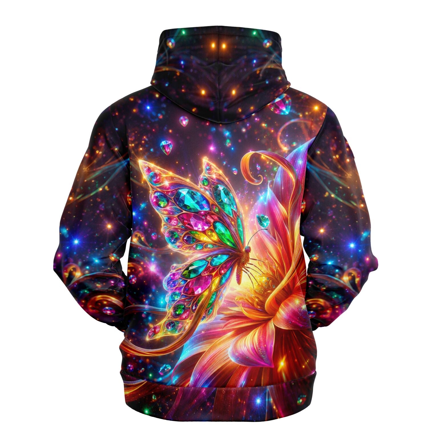 Hoodie mit leuchtendem Schmetterling im Diamond Painting Stil und funkelnden Farben vor dunklem Hintergrund