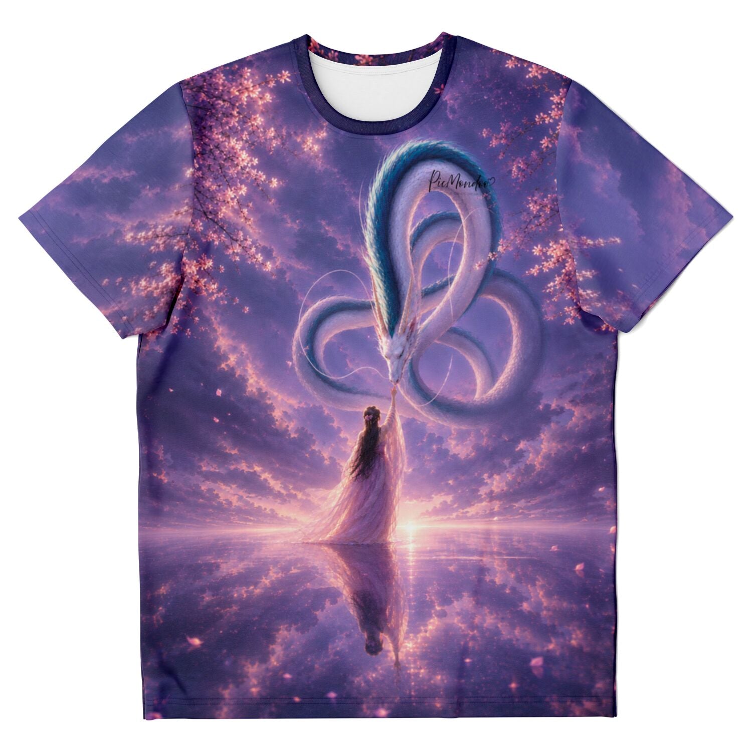T-Shirt mit Fantasy-Motiv wie beim Diamond Painting: Ein Mädchen und ein Drache unter violettem Kirschblüten-Himmel.