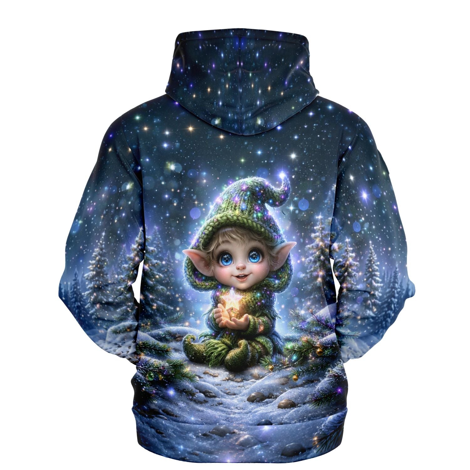 Dreamer Hoodie mit magischem Elf im Winterwald unter Sternenhimmel, passend zum Stil von Diamond Painting Motiven