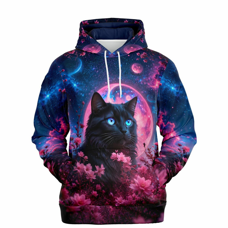 Dreamer Hoodie mit schwarzer Katze, Weltraum-Motiv und rosa Blüten, passend zum Stil für Diamond Painting Fans.