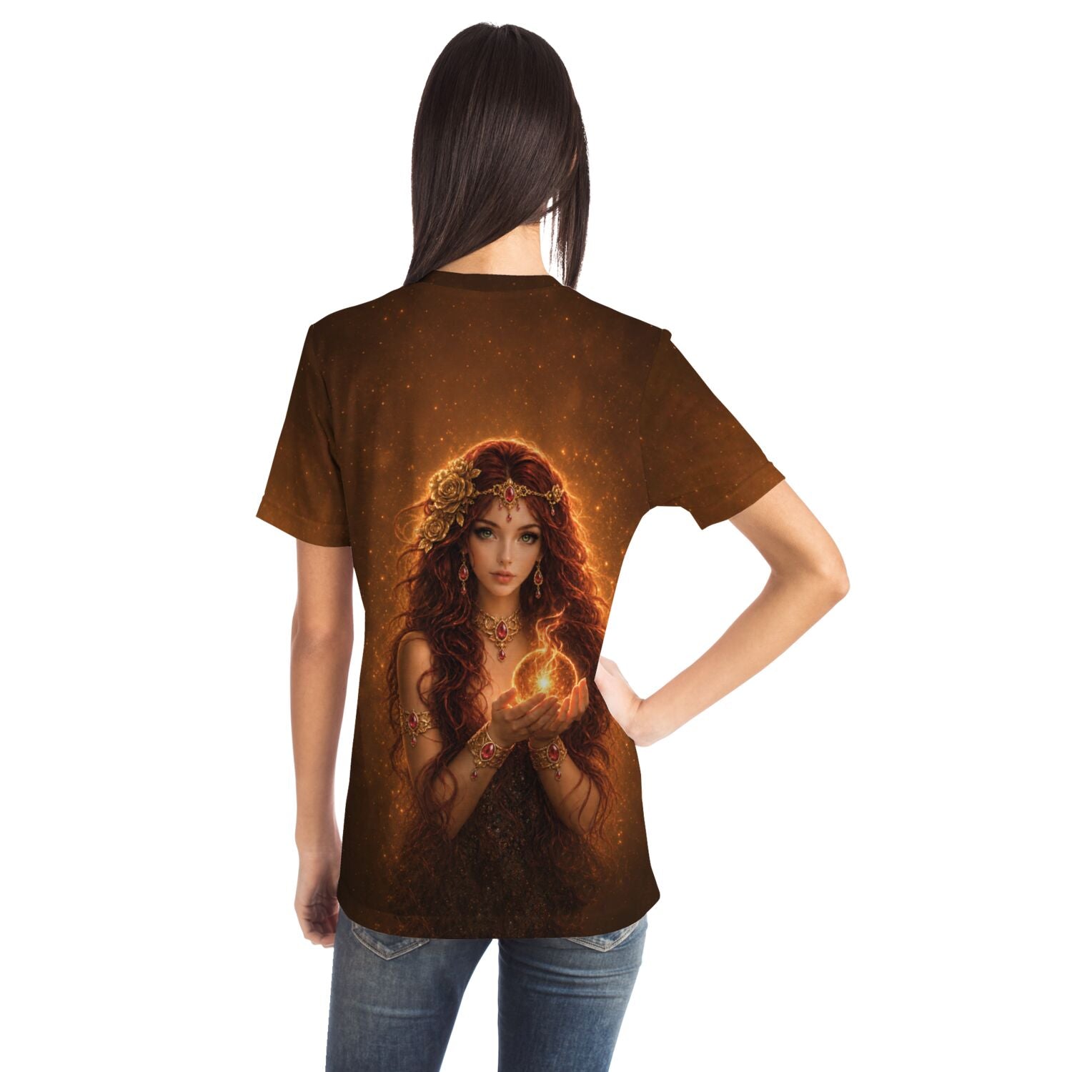 Dreamer T-Shirt Göttin der Sonne mit detailreichem Fantasy-Motiv, das an Ästhetik von Diamond Painting erinnert