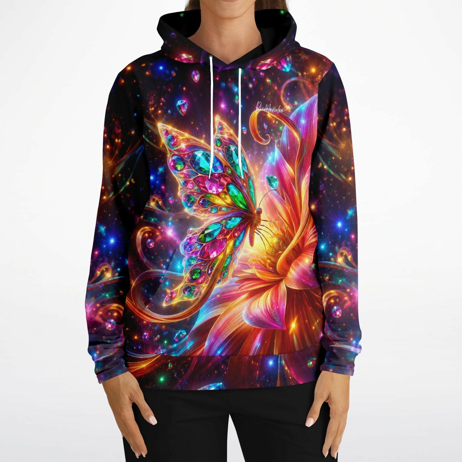 Hoodie mit leuchtendem Schmetterlings-Motiv im Stil unserer Diamond Painting Sets mit bunten, funkelnden Kristall-Details