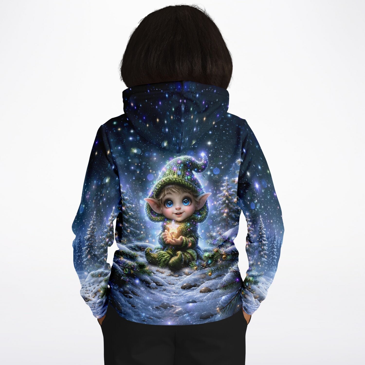 Dreamer Hoodie mit magischem Elfen-Motiv, Sternenhimmel und Winterlandschaft im Stil von Diamond Painting Kunstwerken